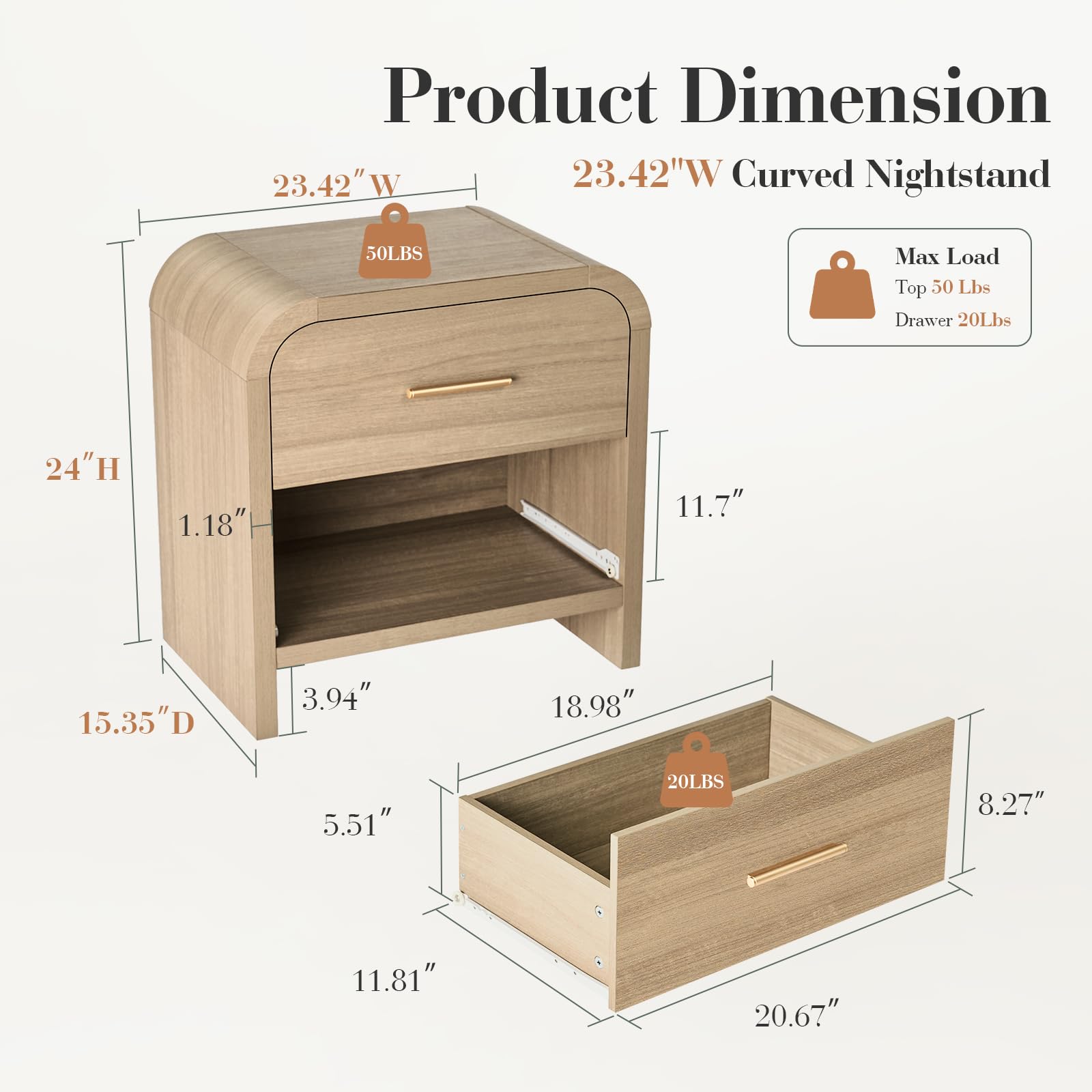 Vintagearth Nightstand 24" Tall Modern Curved Bedside Table, FSC-Certified Wood End Table, 2 Drawer Storage