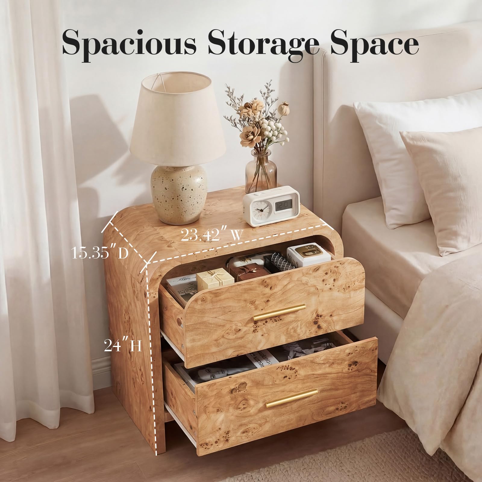 Vintagearth Nightstand 24" Tall Modern Curved Bedside Table, FSC-Certified Wood End Table, 2 Drawer Storage, Light Burl