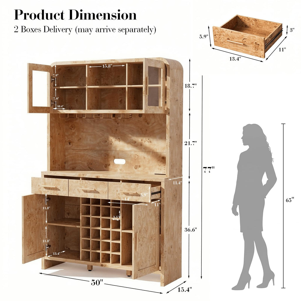 Vintagearth 77" Tall Kitchen Pantry Cabinet with Charging Station & LED Lights, 24-Bottle Wine Rack Coffee Bar Cabinet for Home Dining Room Kitchen, Light Burl