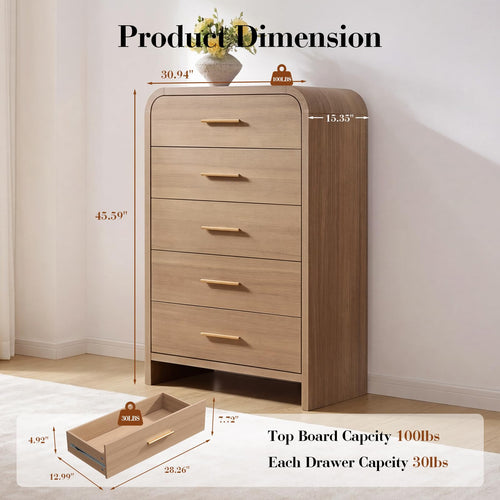 Vintagearth 5 Drawers Dresser for Bedroom, Curved 45.6" Tall FSC-certified Wood 1.18" Thick Board Dressers & Chests of Drawers for  Living Room, Hallway, Entryway, Oak