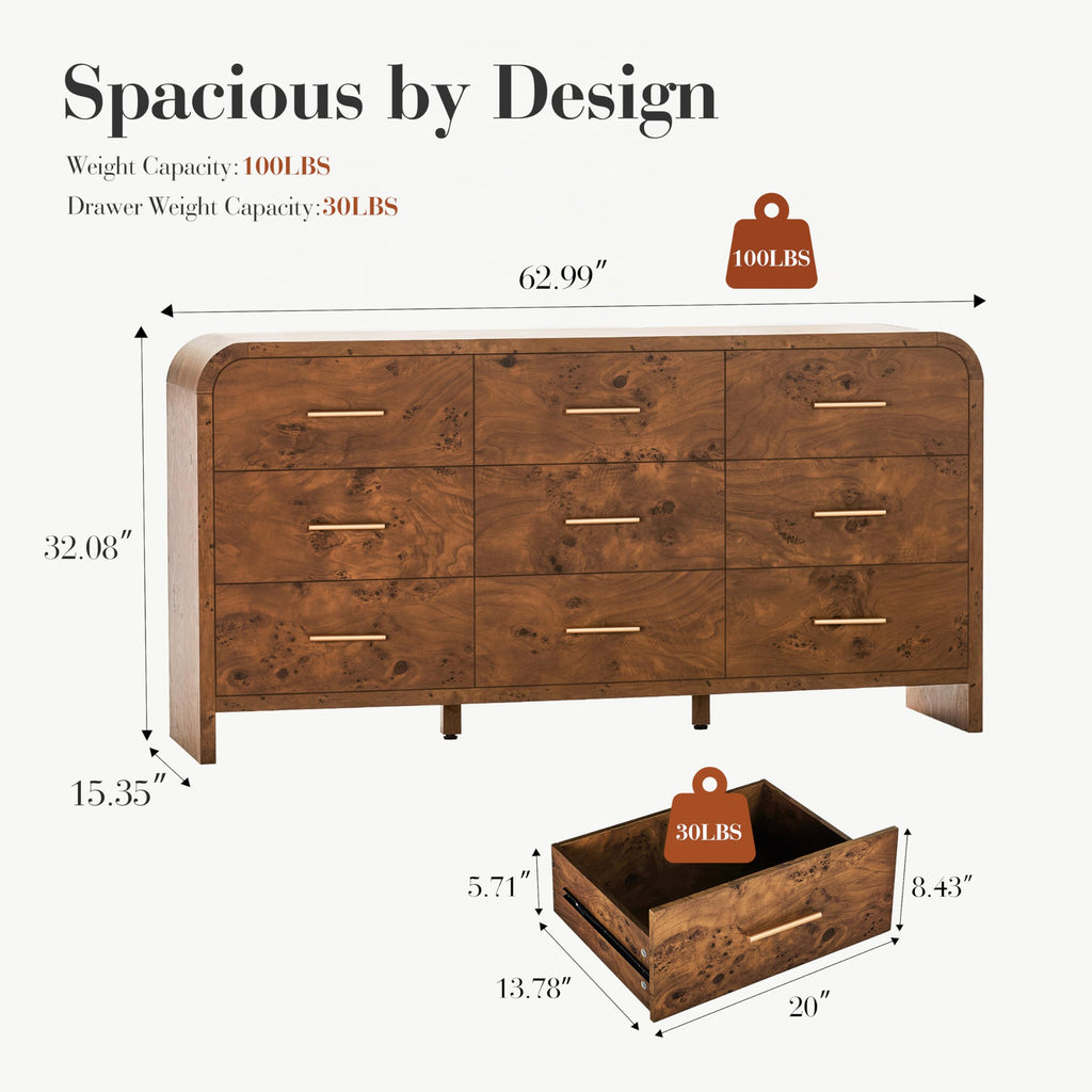 Vintagearth 9 Drawers Dresser for Bedroom, Curved FSC-certified Wood 1.18" Thick Board Dressers & Chests of Drawers for  Living Room, Hallway, Entryway, Dark Burl
