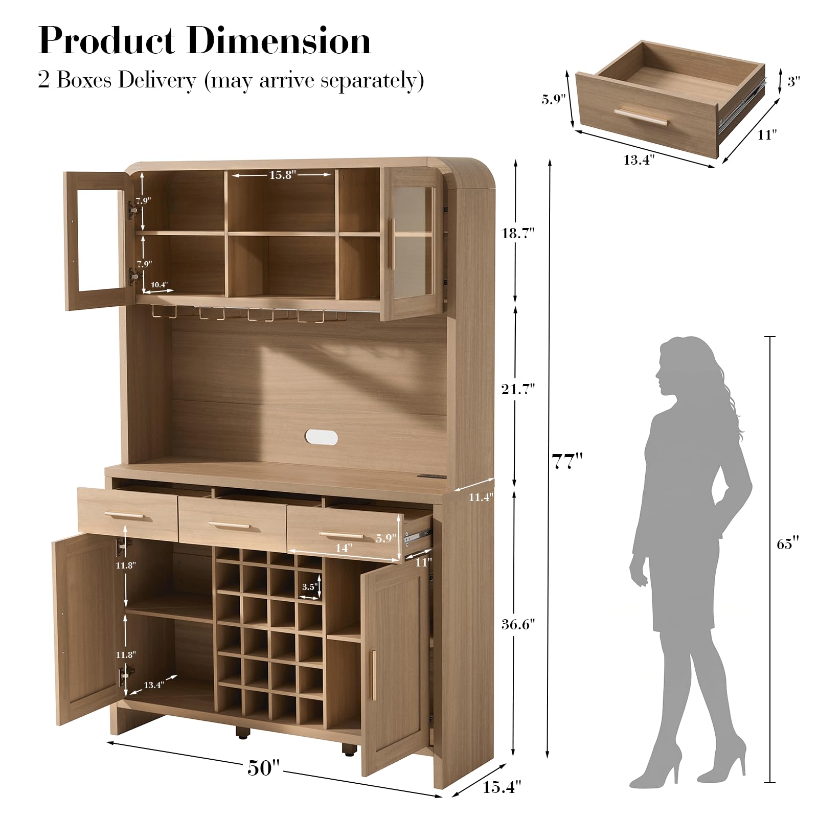 Vintagearth 77" Tall Kitchen Pantry Cabinet with Charging Station & LED Lights, 24-Bottle Wine Rack Coffee Bar Cabinet for Home Dining Room Kitchen, Oak