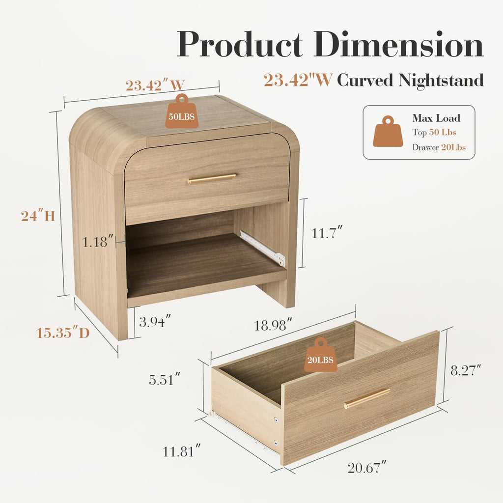 Vintagearth Nightstand Set of 2, 24" Tall Modern Curved Bedside Table, FSC-Certified Wood End Table, 2 Drawer Storage, Oak