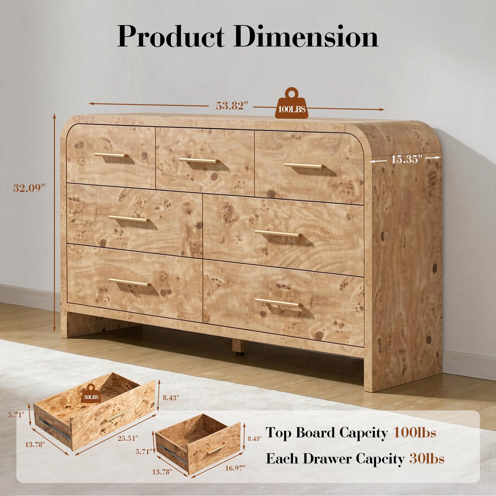 Vintagearth 7 Drawer Dresser for Bedroom, Modern & Wooden Chest of Drawers, Large Storage Organizer with Thickened 1.22" FCS Certified Board, Anti-Tip Device, Smooth Silent Slides, Light Burl