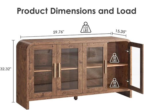 Vintagearth 60" Sideboard Buffet Cabinet with 4 Tempered Glass Doors, Adjustable Shelves, FSC-Certified Wood Storage Cabinet for Dining Room, Living Room, Entryway, Dark Burl