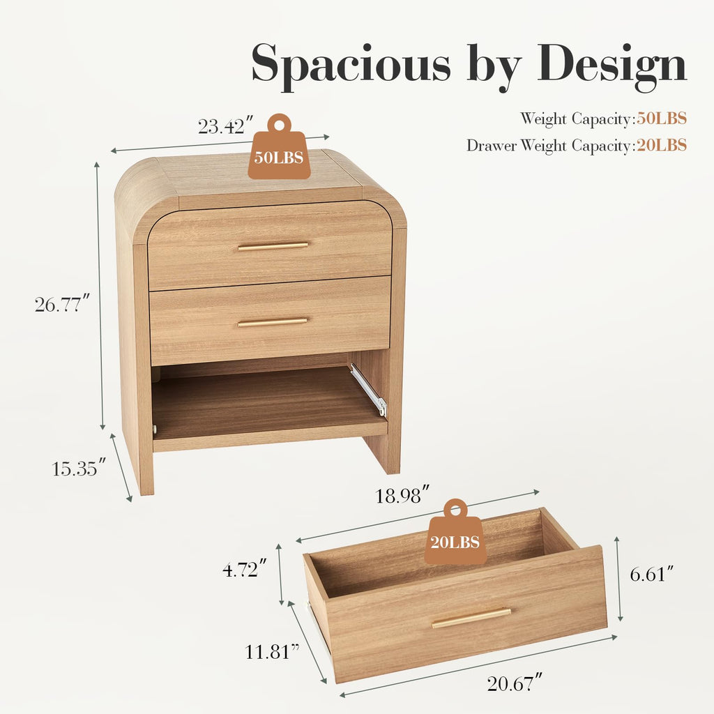 Vintagearth Nightstand 26.7" Tall Modern Curved Bedside Table, FSC-Certified Wood End Table, 3 Drawer Storage