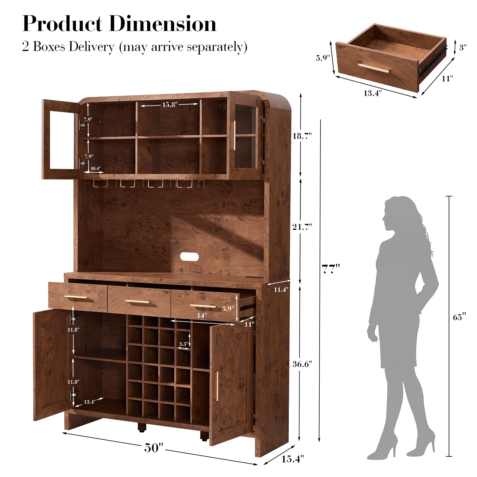 Vintagearth 77" Tall Kitchen Pantry Cabinet with Charging Station & LED Lights, 24-Bottle Wine Rack Coffee Bar Cabinet for Home Dining Room Kitchen, Dark Burl