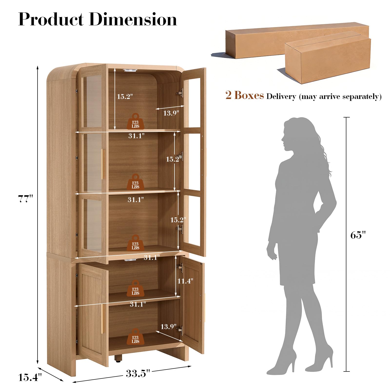 Vintagearth  77" Tall Kitchen Pantry Cabinet, 1.18'' Thick Panel Curved Storage Cupboard with Adjustable Shelf, Freestanding Organizer for Kitchen, Dining Room, Oak