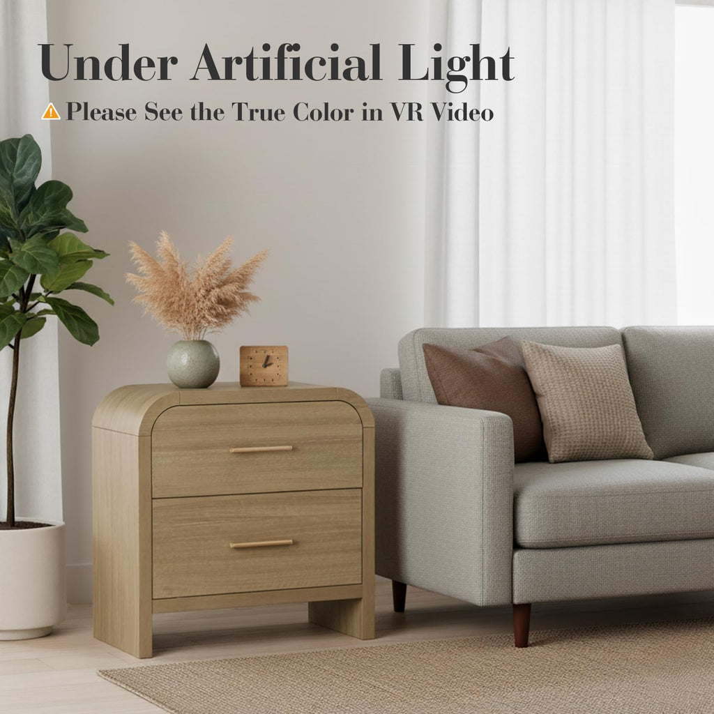Vintagearth Nightstand 24" Tall Modern Curved Bedside Table, FSC-Certified Wood End Table, 2 Drawer Storage