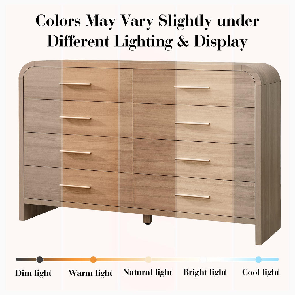 Vintagearth 8 Drawers Dresser for Bedroom, Curved FSC-certified Wood 1.18" Thick Board Dressers & Chests of Drawers for  Living Room, Hallway, Entryway, Oak