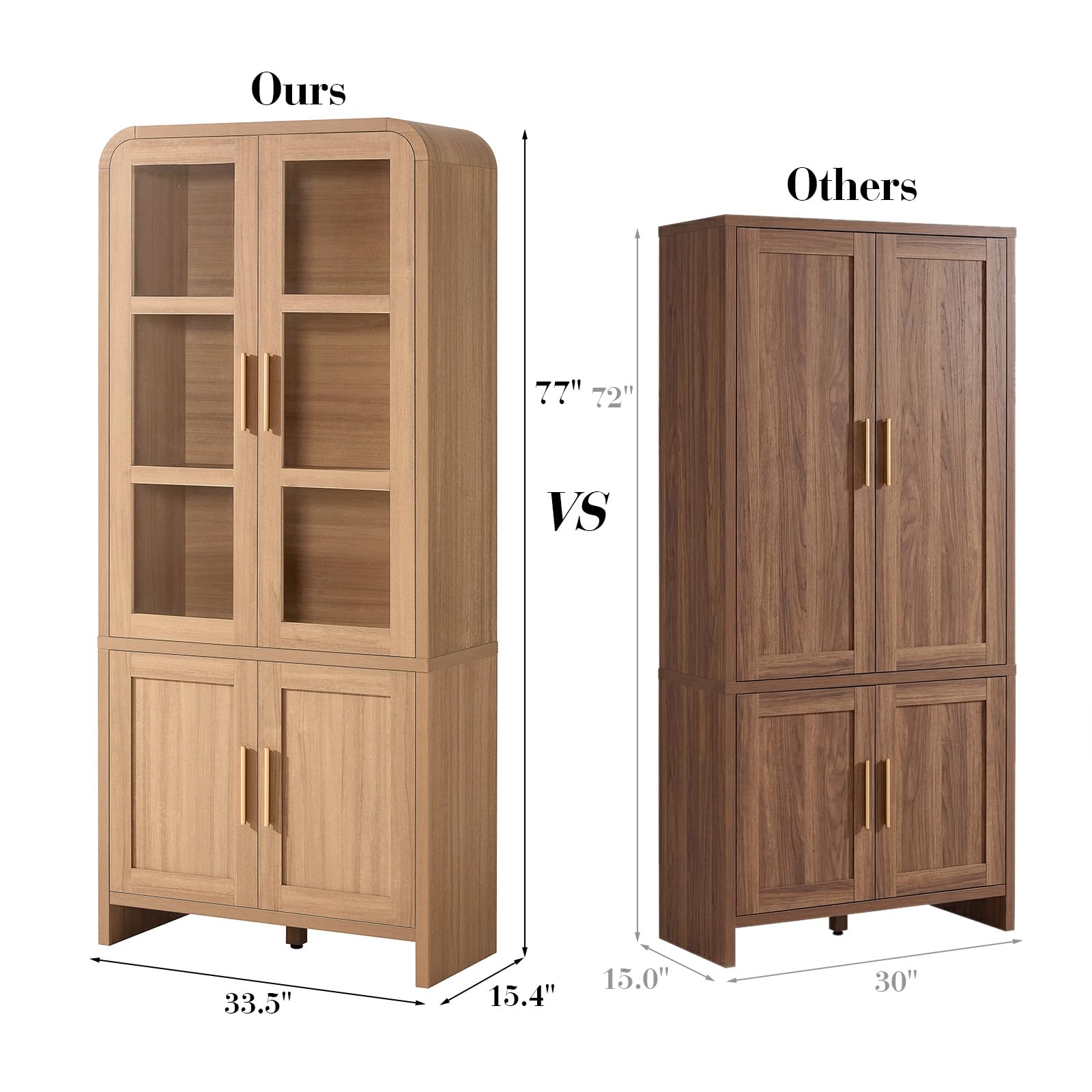 Vintagearth  77" Tall Kitchen Pantry Cabinet, 1.18'' Thick Panel Curved Storage Cupboard with Adjustable Shelf, Freestanding Organizer for Kitchen, Dining Room, Oak