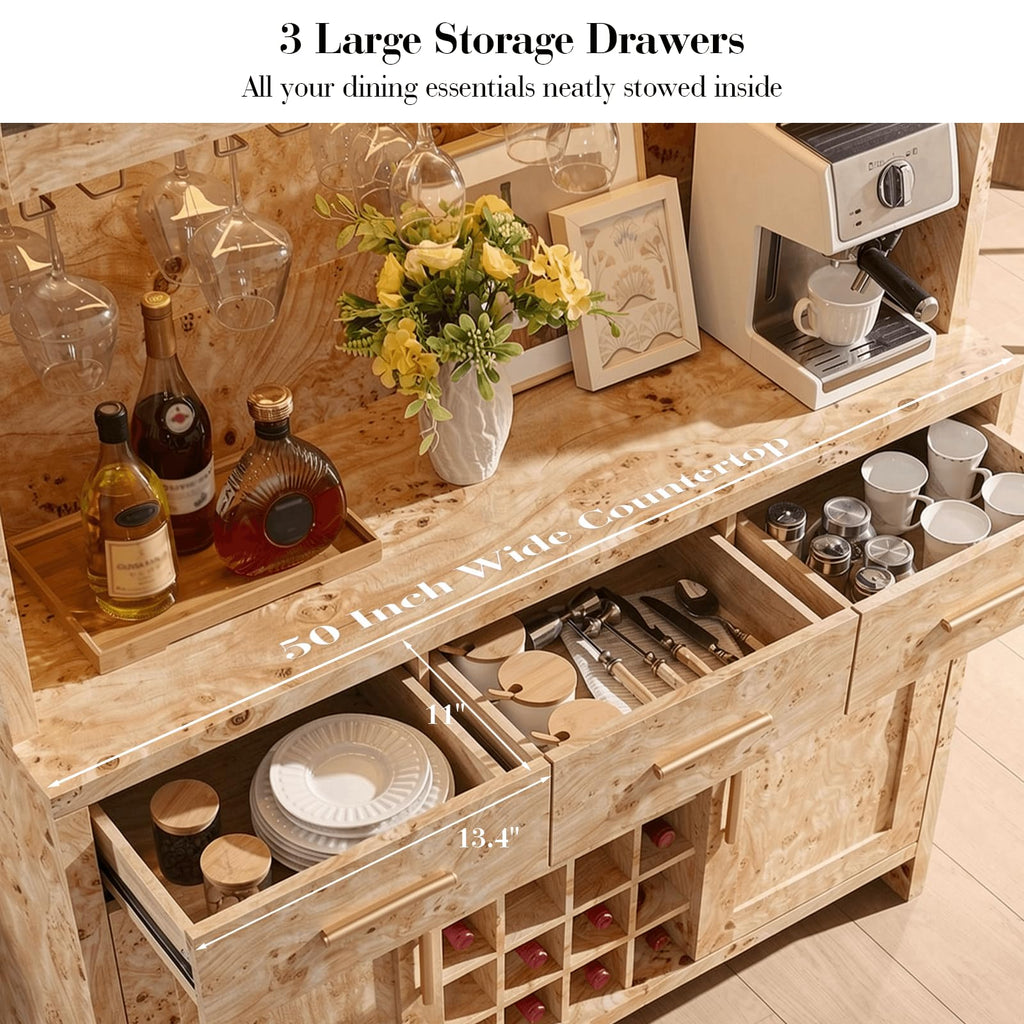 Vintagearth 77" Tall Kitchen Pantry Cabinet with Charging Station & LED Lights, 24-Bottle Wine Rack Coffee Bar Cabinet for Home Dining Room Kitchen, Light Burl