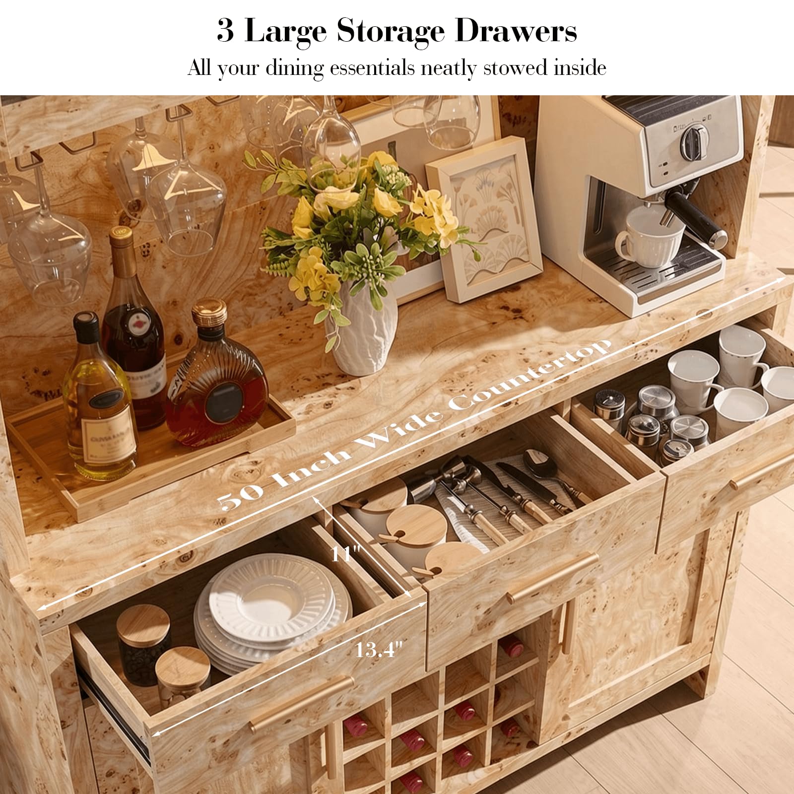 Vintagearth 77" Tall Kitchen Pantry Cabinet with Charging Station & LED Lights, 24-Bottle Wine Rack Coffee Bar Cabinet for Home Dining Room Kitchen, Light Burl