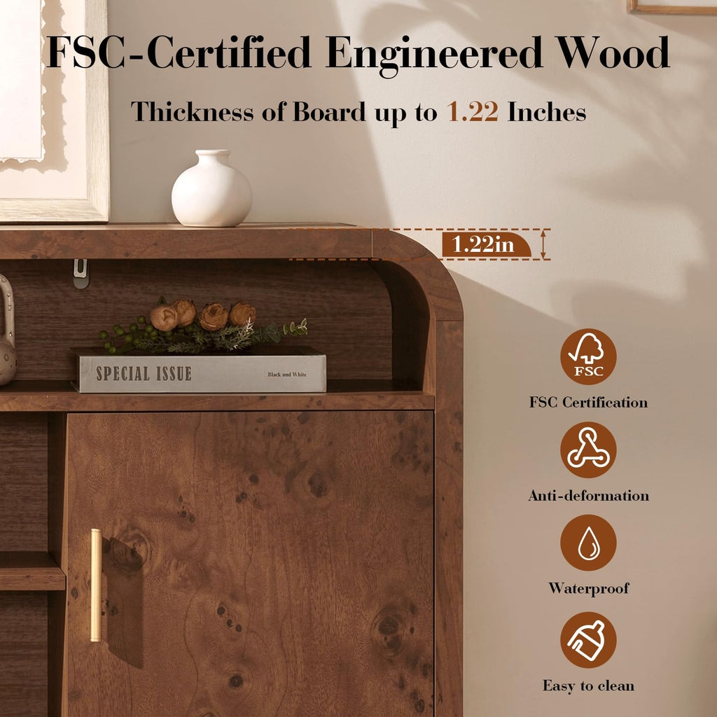 Vintagearth TV Stand with FSC-Certified 1.22" Thick Board, Storage Cabinets & Open Shelves, Curved Edge Entertainment Center for TVs up to 65", Dark Burl