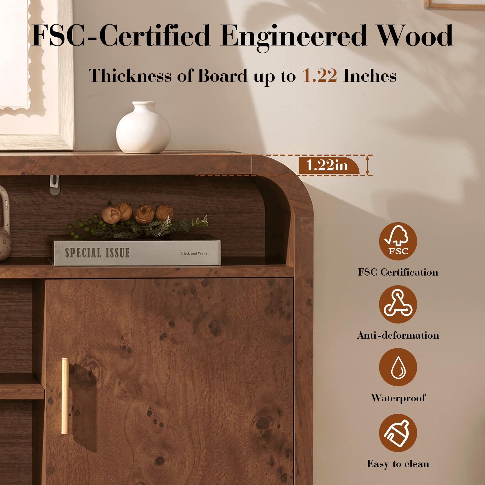 Vintagearth TV Stand with FSC-Certified 1.22" Thick Board, Storage Cabinets & Open Shelves, Curved Edge Entertainment Center for TVs up to 65", Dark Burl
