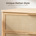 Vintagearth Nightstand 30.71" W Boho Rattan Faux Marble Top Bedside Table, FSC-Certified 1.97" Thick Wood End Table, 3 Drawer Storage, Natural Oak