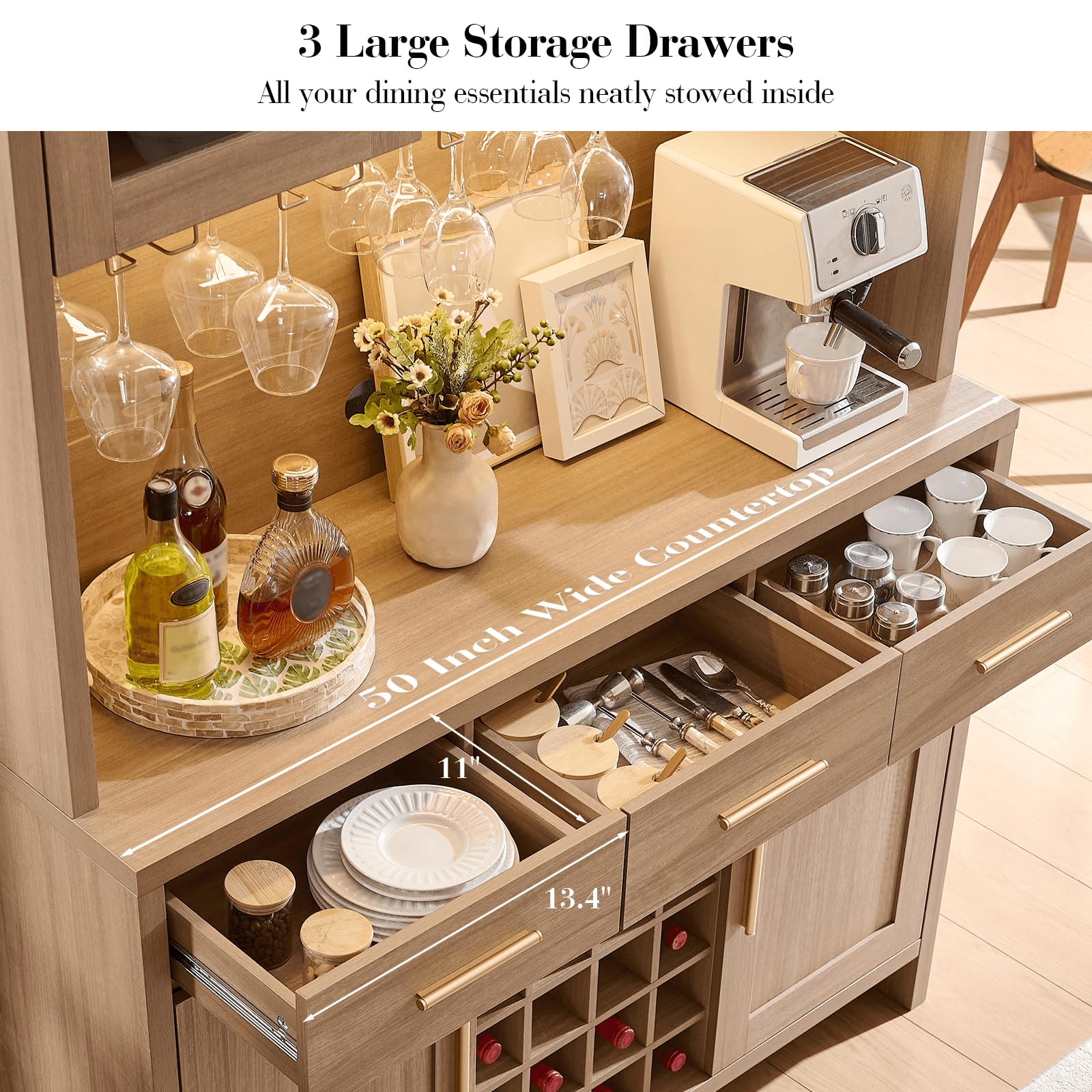 Vintagearth 77" Tall Kitchen Pantry Cabinet with Charging Station & LED Lights, 24-Bottle Wine Rack Coffee Bar Cabinet for Home Dining Room Kitchen, Oak