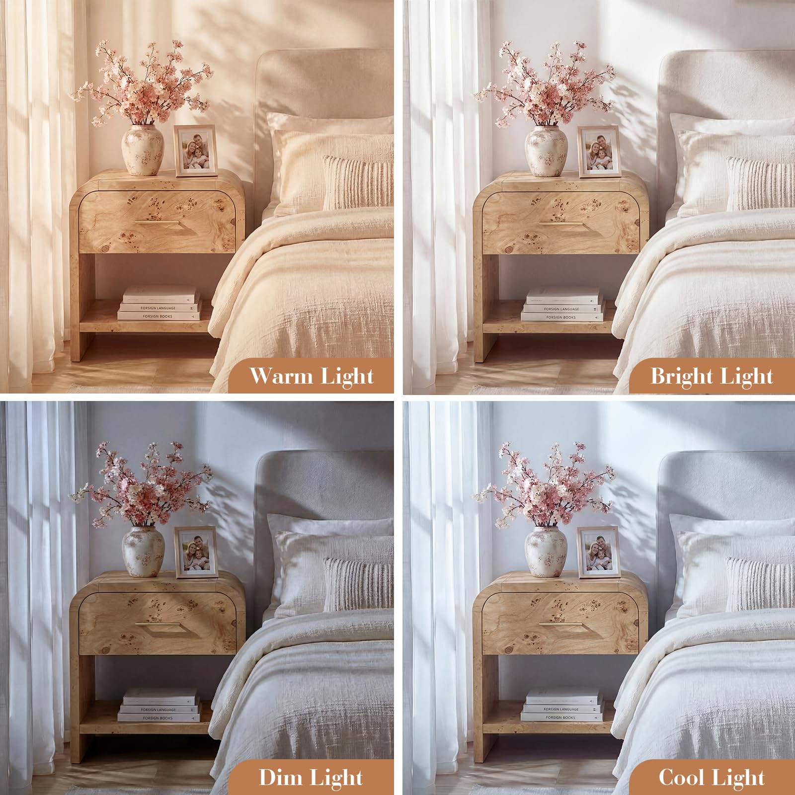 Vintagearth Nightstand Set of 2, 24" Tall Modern Curved Bedside Table, FSC-Certified Wood End Table, 1 Drawer & 1 Open Storage Shelf, Light Burl
