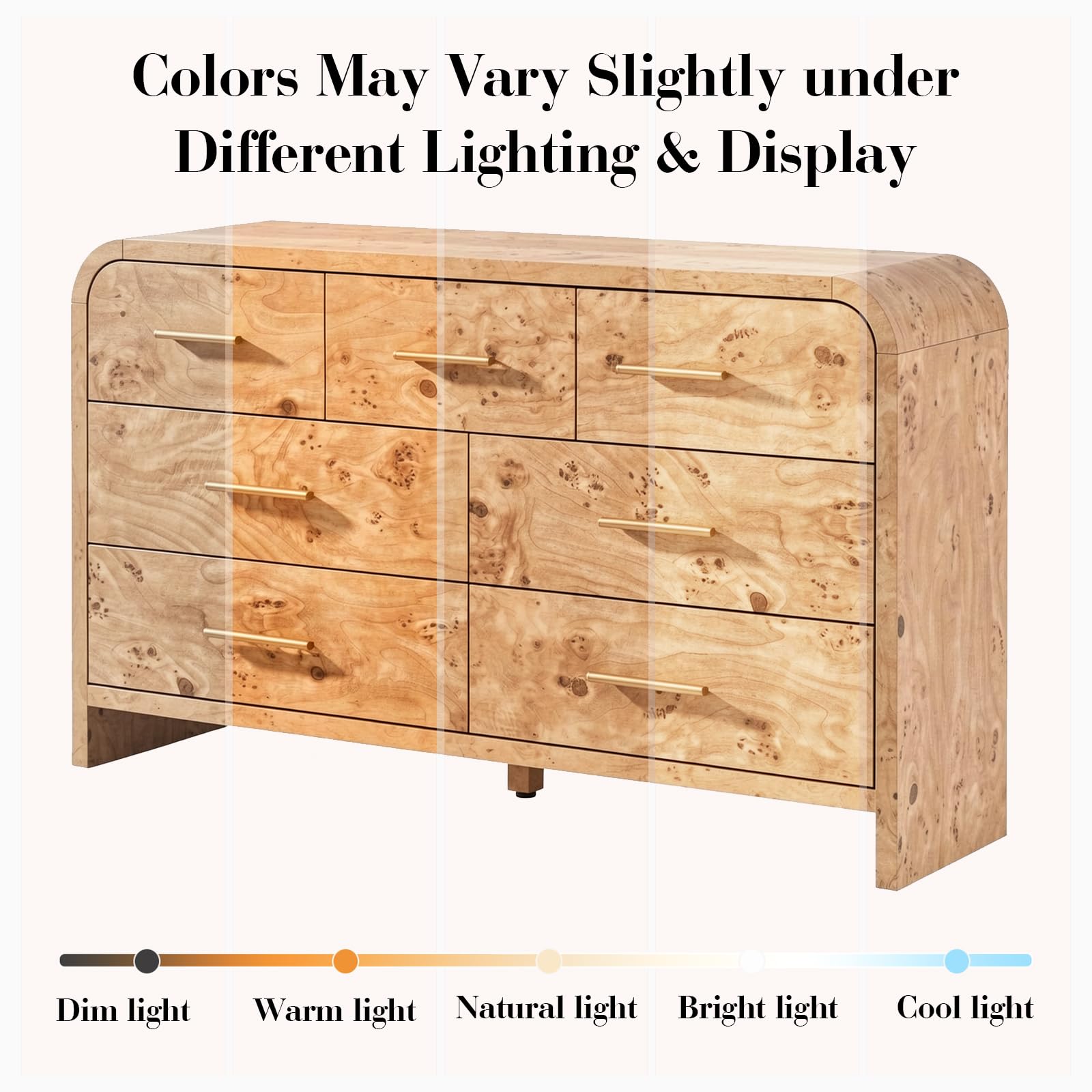Vintagearth 7 Drawers Dresser for Bedroom, Curved FSC-certified Wood 1.18" Thick Board Dressers & Chests of Drawers for  Living Room, Hallway, Entryway, Light Burl