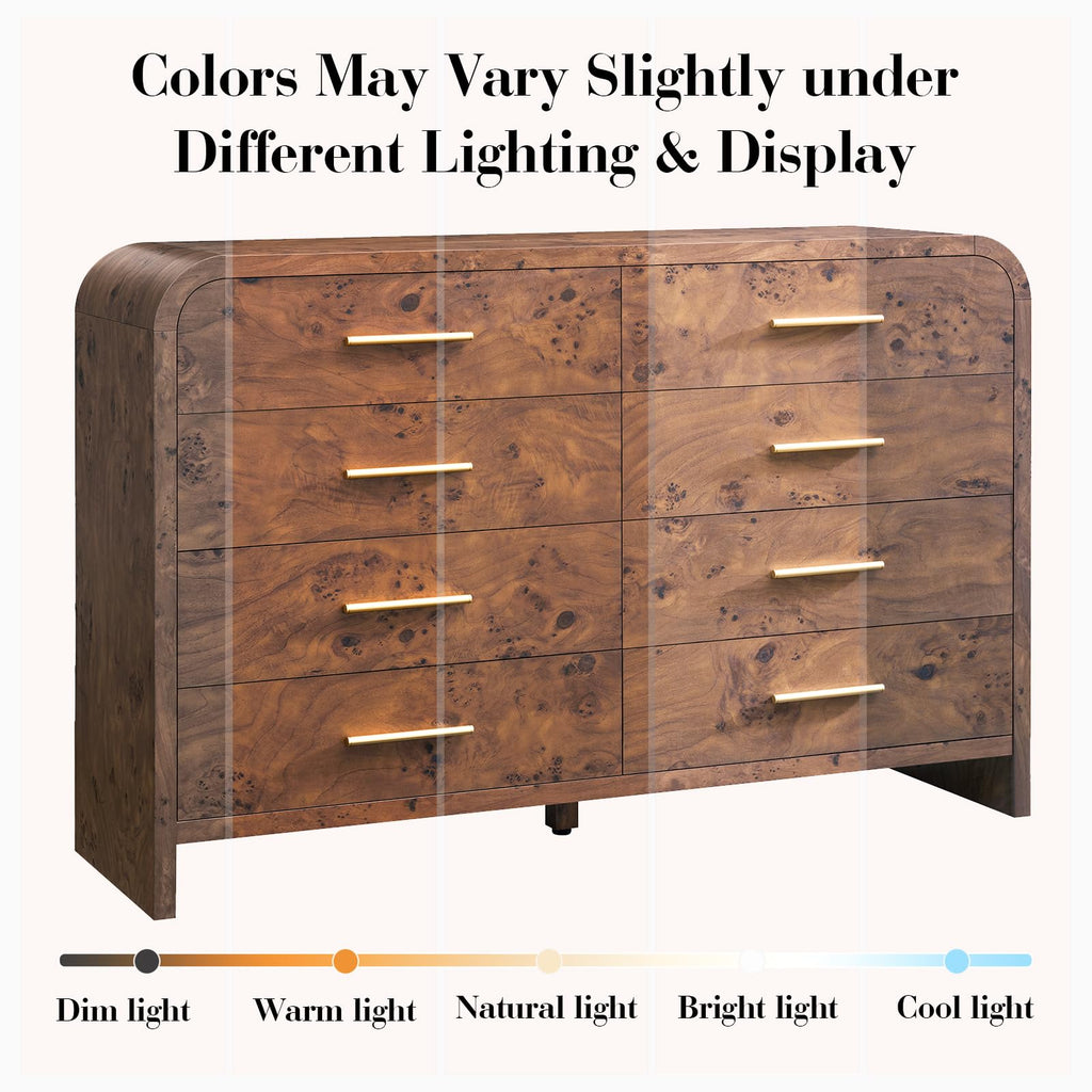 Vintagearth 8 Drawers Dresser for Bedroom, Curved FSC-certified Wood 1.18" Thick Board Dressers & Chests of Drawers for  Living Room, Hallway, Entryway, Dark Burl