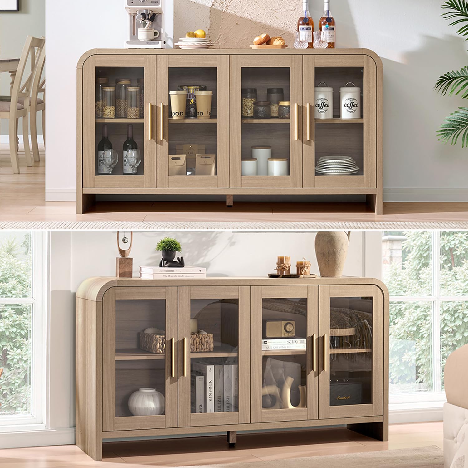 Vintagearth 60" Sideboard Buffet Cabinet with 4 Tempered Glass Doors, Adjustable Shelves, FSC-Certified Wood Storage Cabinet for Dining Room, Living Room, Entryway, Oak