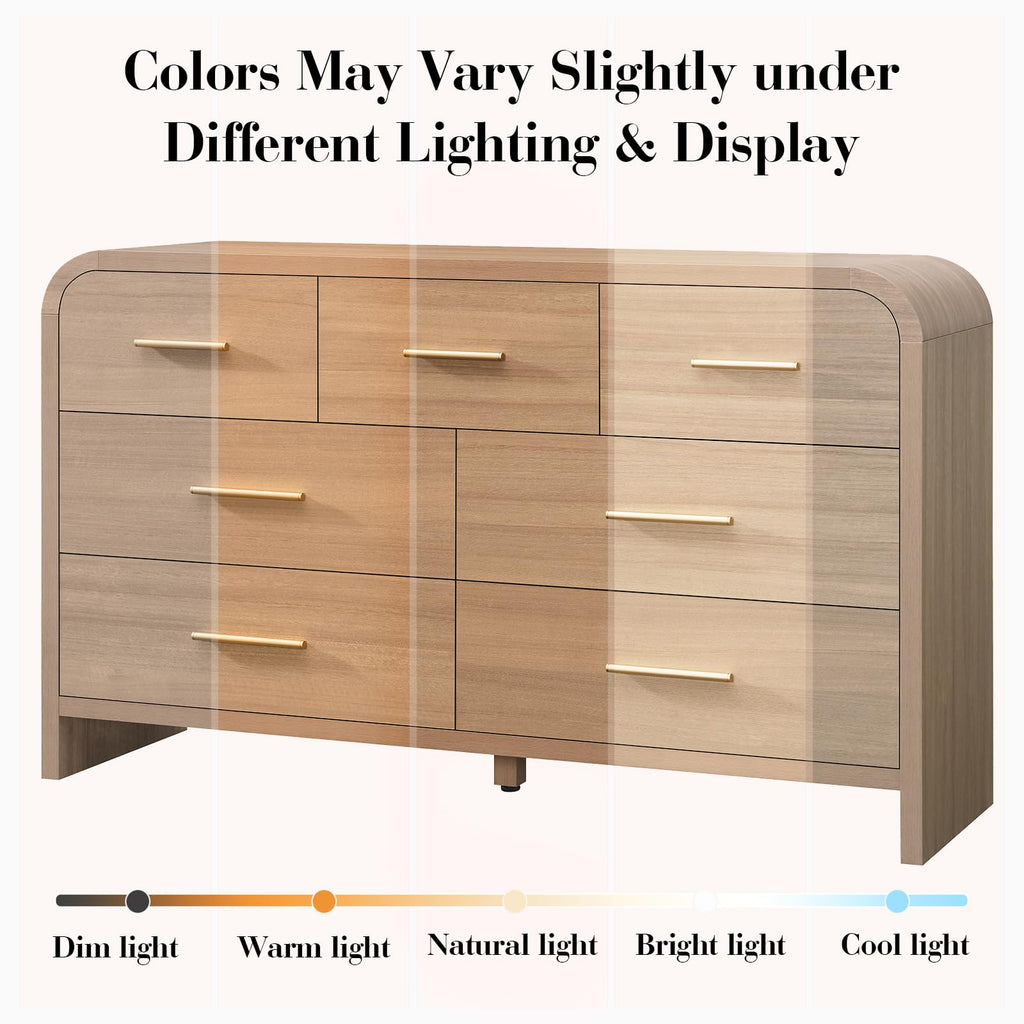 Vintagearth 7 Drawers Dresser for Bedroom, Curved FSC-certified Wood 1.18" Thick Board Dressers & Chests of Drawers for  Living Room, Hallway, Entryway, Oak