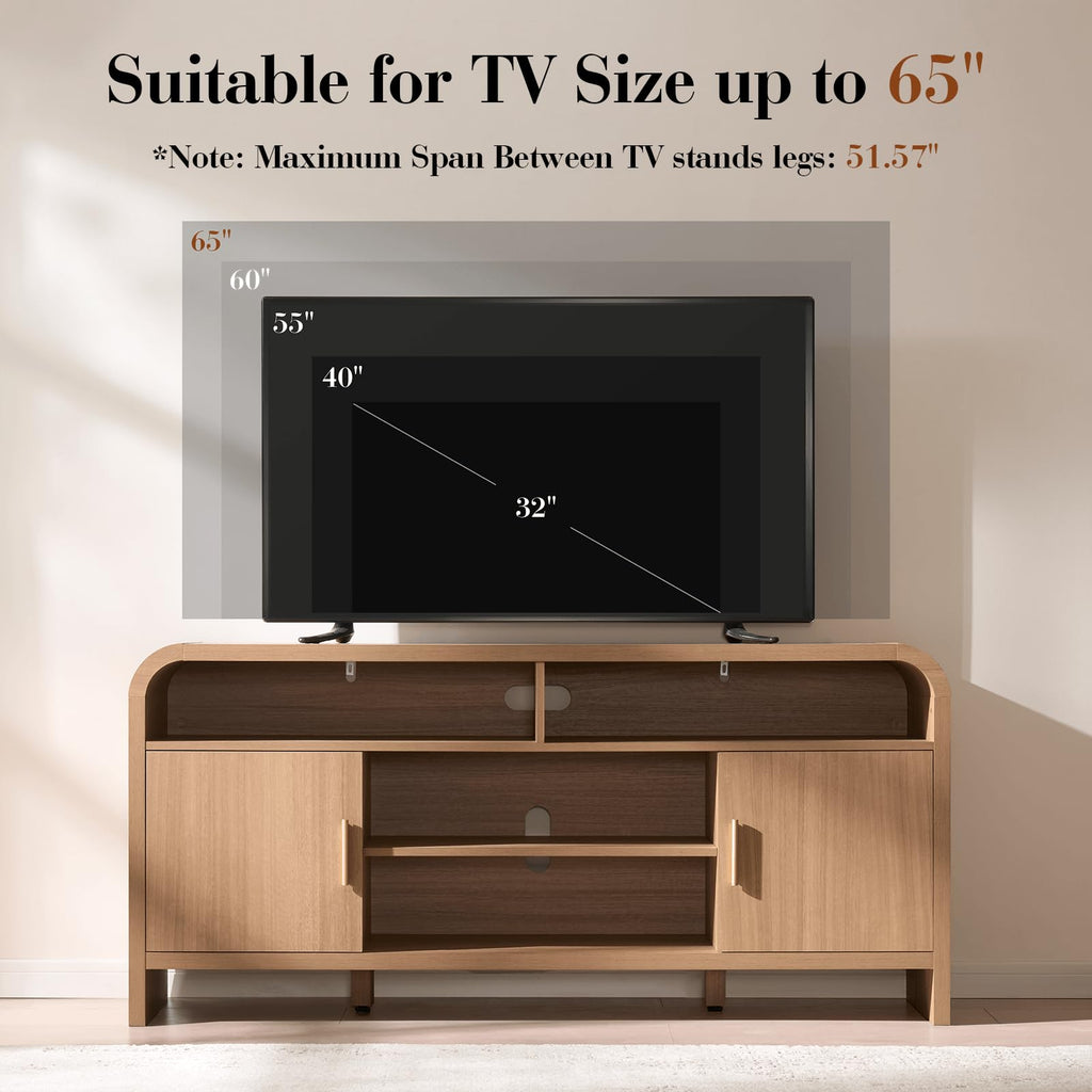 Mueble de TV Vintagearth, centro de entretenimiento de madera con certificación FSC, diseño curvado único, armarios de almacenamiento y estantes ajustables, consola multimedia moderna, fácil montaje, Light Burl