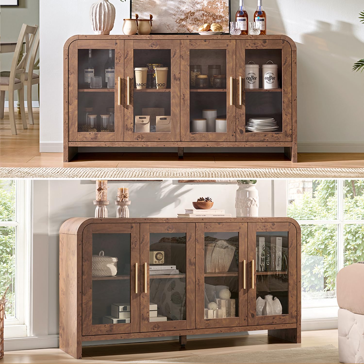 Vintagearth 60" Sideboard Buffet Cabinet with 4 Tempered Glass Doors, Adjustable Shelves, FSC-Certified Wood Storage Cabinet for Dining Room, Living Room, Entryway, Dark Burl