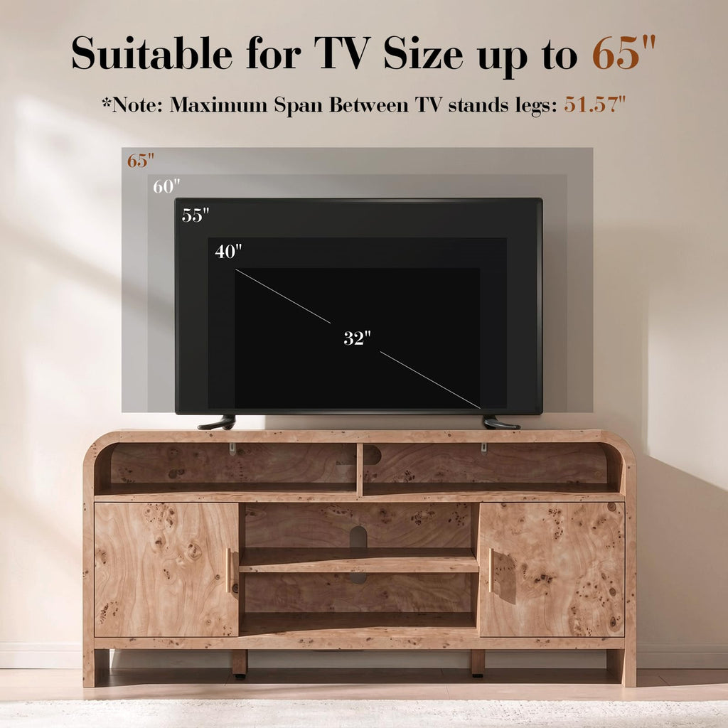 Vintagearth TV Stand with FSC-Certified 1.22" Thick Board, Storage Cabinets & Open Shelves, Curved Edge Entertainment Center for TVs up to 65", Light Burl