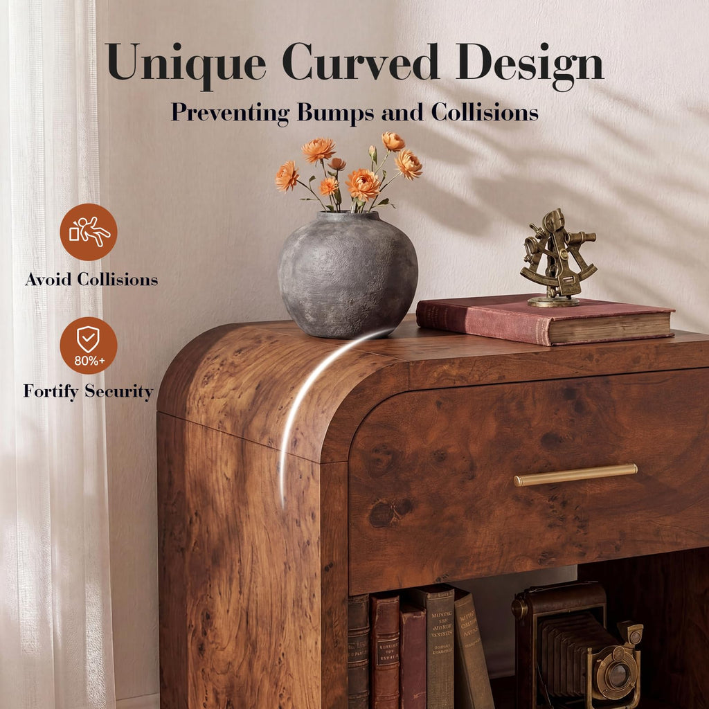 Vintagearth Nightstand 24" Tall Modern Curved Bedside Table, FSC-Certified Wood End Table, 1 Drawer & 1 Open Storage Shelf, Dark Burl