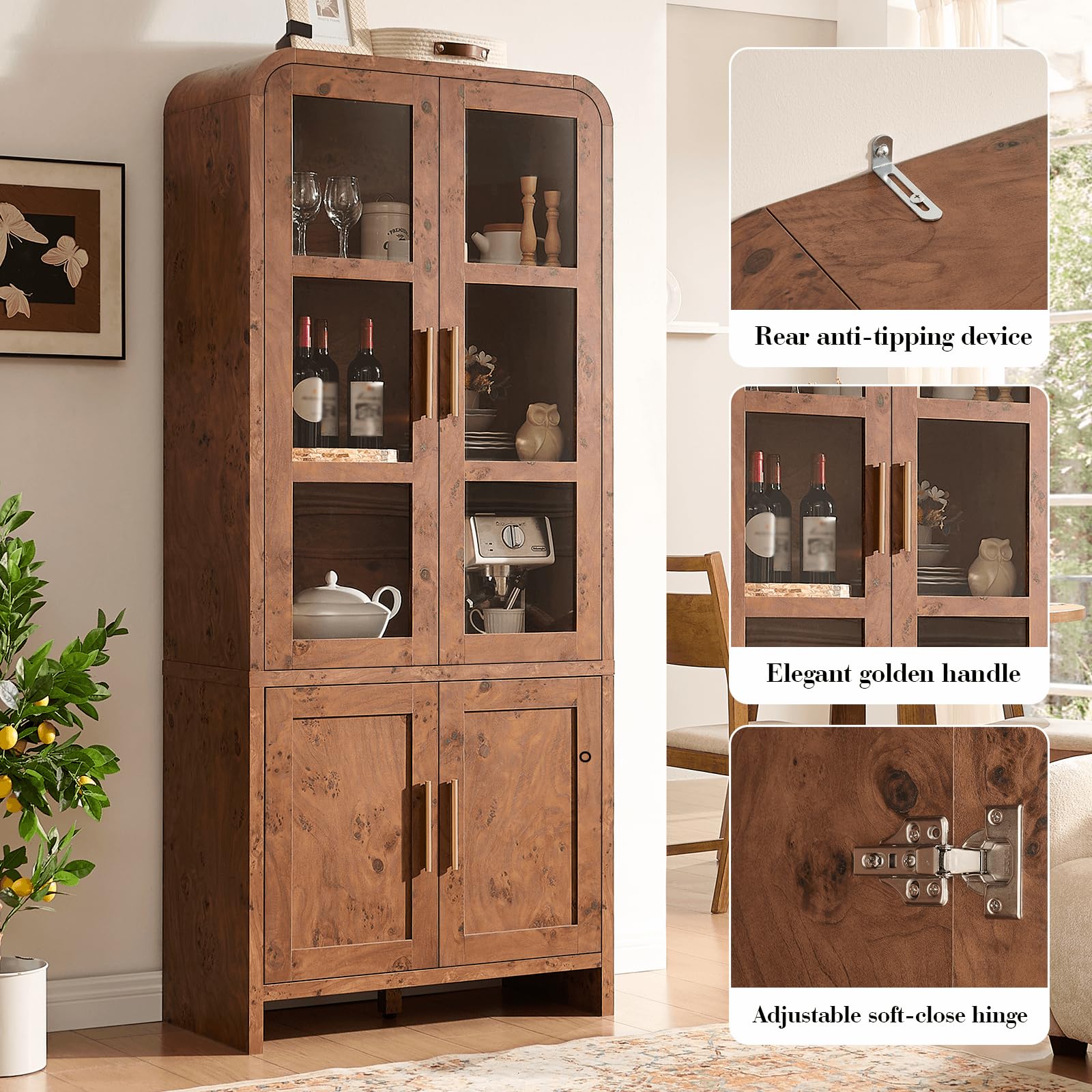 Vintagearth  77" Tall Kitchen Pantry Cabinet, 1.18'' Thick Panel Curved Storage Cupboard with Adjustable Shelf, Freestanding Organizer for Kitchen, Dining Room, Dark Burl
