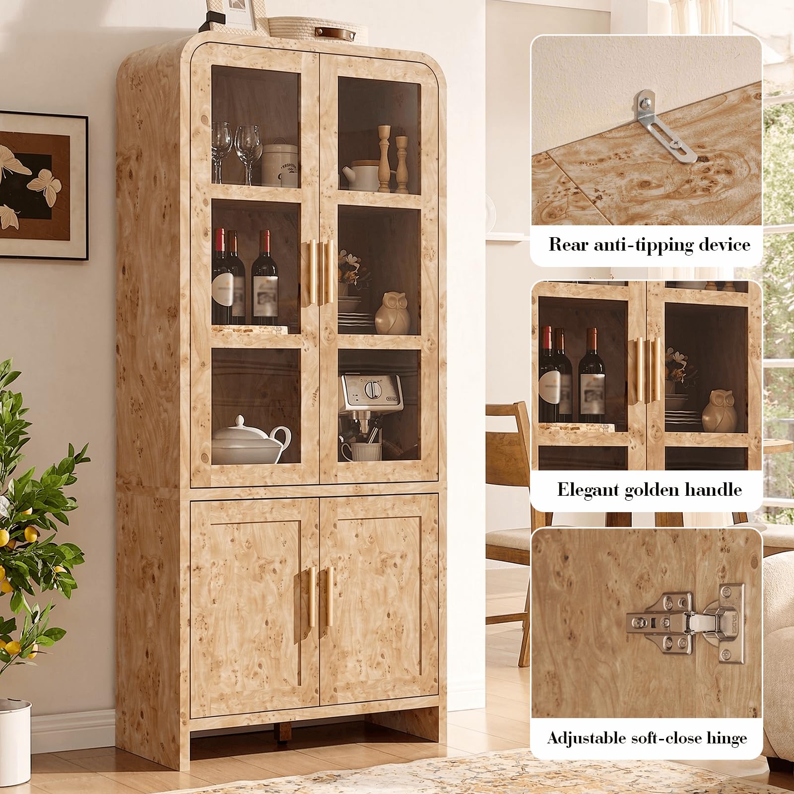 Vintagearth  77" Tall Kitchen Pantry Cabinet, 1.18'' Thick Panel Curved Storage Cupboard with Adjustable Shelf, Freestanding Organizer for Kitchen, Dining Room, Light Burl