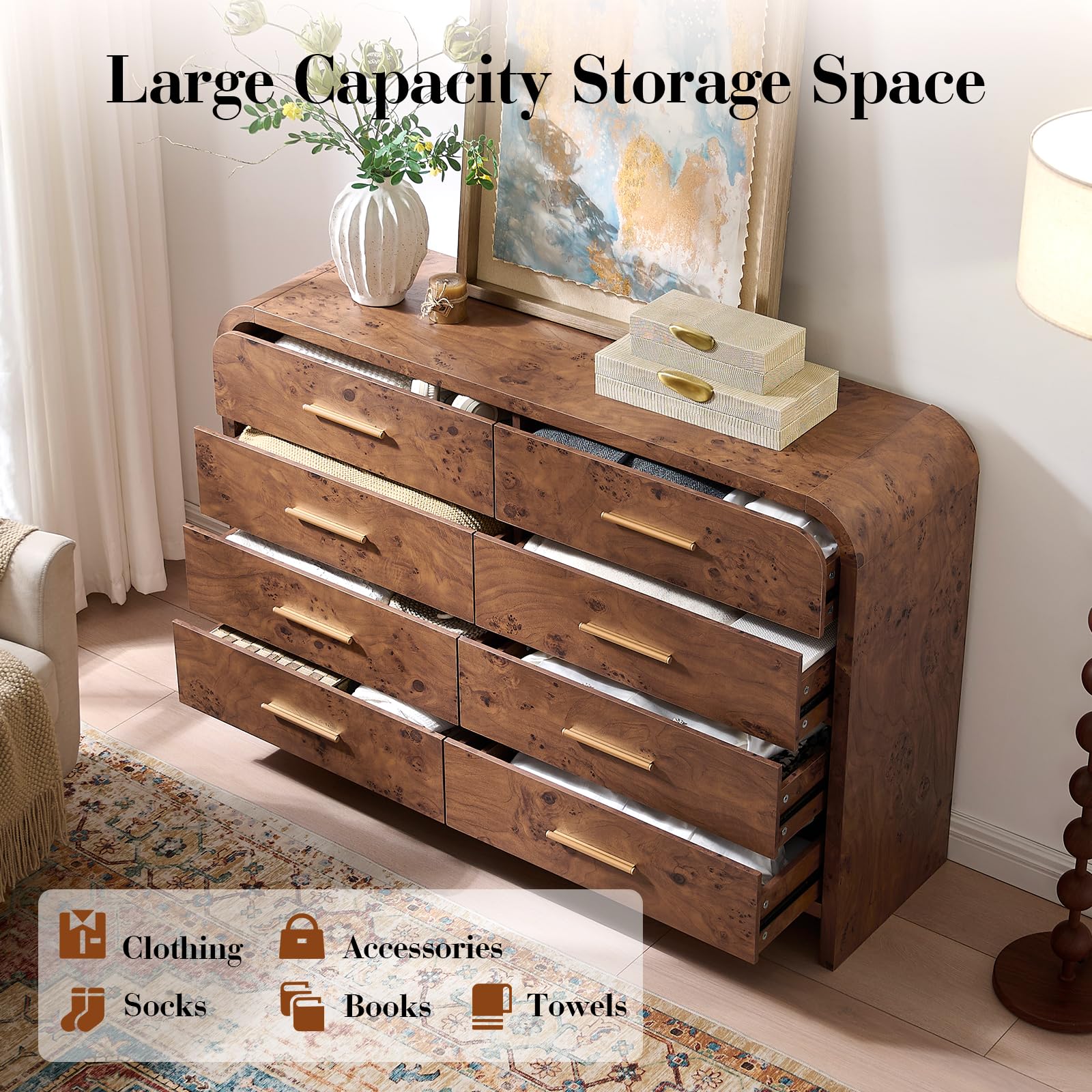 Vintagearth 8 Drawers Dresser for Bedroom, Curved FSC-certified Wood 1.18" Thick Board Dressers & Chests of Drawers for  Living Room, Hallway, Entryway, Dark Burl
