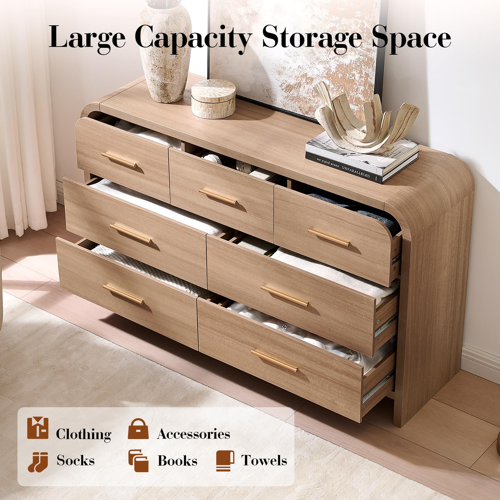 Vintagearth 7 Drawer Dresser for Bedroom, Modern & Wooden Chest of Drawers, Large Storage Organizer with Thickened 1.22" FCS Certified Board, Anti-Tip Device, Smooth Silent Slides, Oak