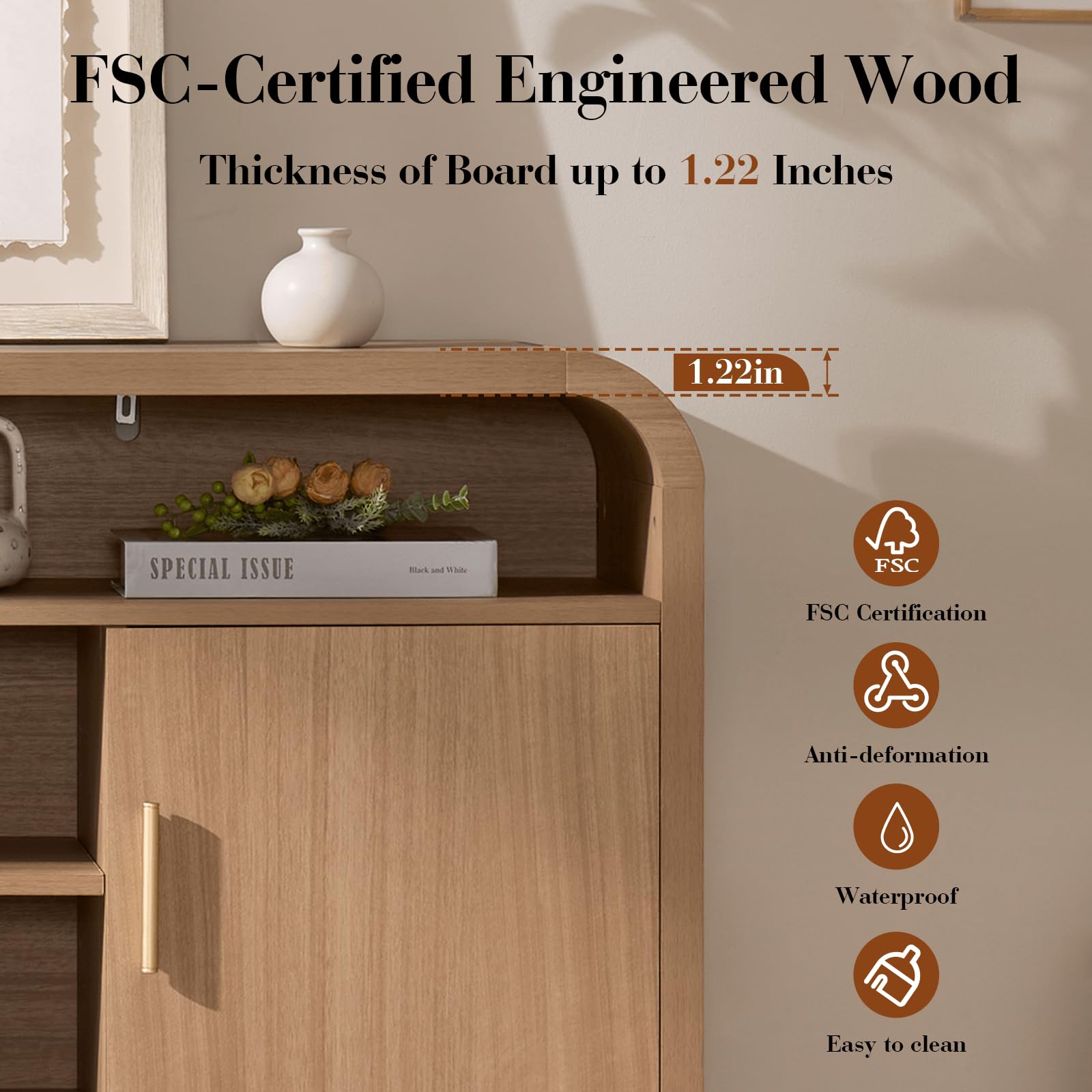 Mueble de TV Vintagearth, centro de entretenimiento de madera con certificación FSC, diseño curvado único, armarios de almacenamiento y estantes ajustables, consola multimedia moderna, fácil montaje, Light Burl