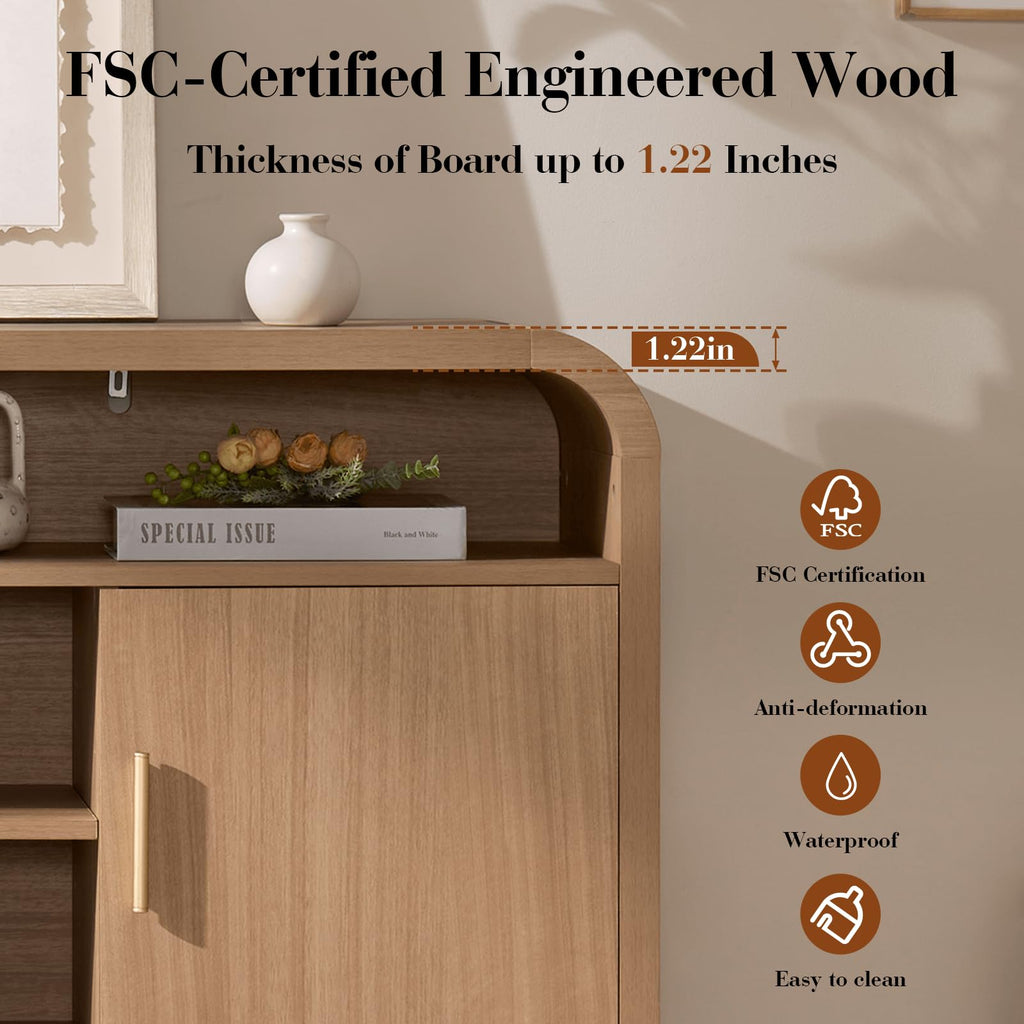Vintagearth TV Stand with FSC-Certified 1.22" Thick Board, Storage Cabinets & Open Shelves, Curved Edge Entertainment Center for TVs up to 65", Oak