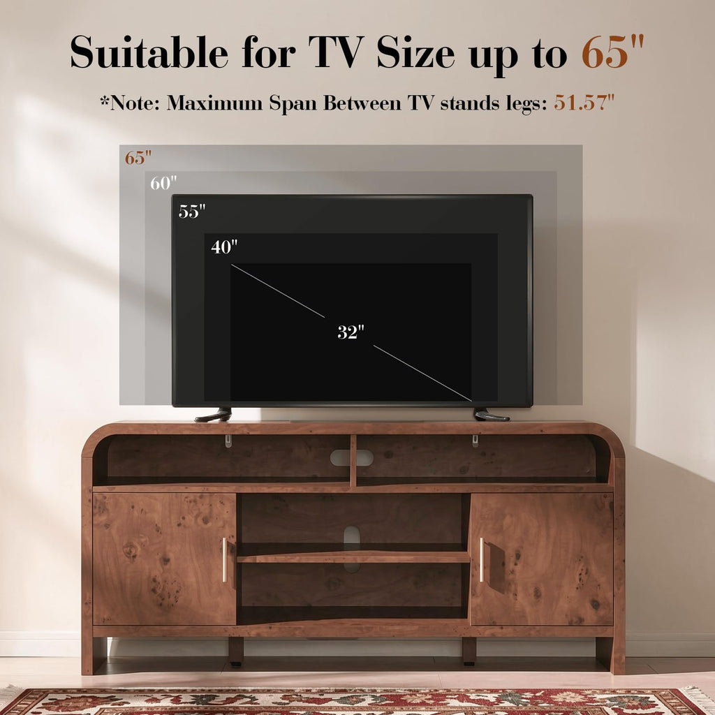 Vintagearth TV Stand with FSC-Certified 1.22" Thick Board, Storage Cabinets & Open Shelves, Curved Edge Entertainment Center for TVs up to 65", Dark Burl