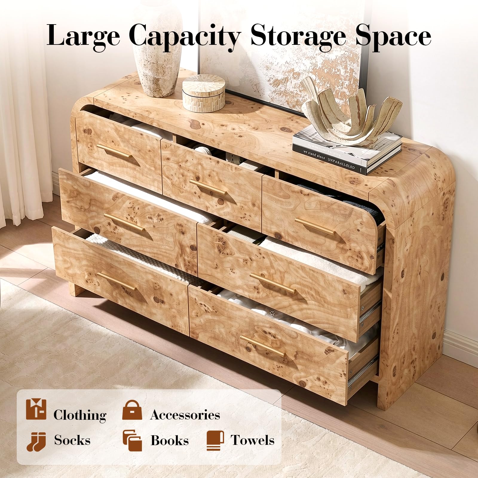 Vintagearth 7 Drawers Dresser for Bedroom, Curved FSC-certified Wood 1.18" Thick Board Dressers & Chests of Drawers for  Living Room, Hallway, Entryway, Light Burl