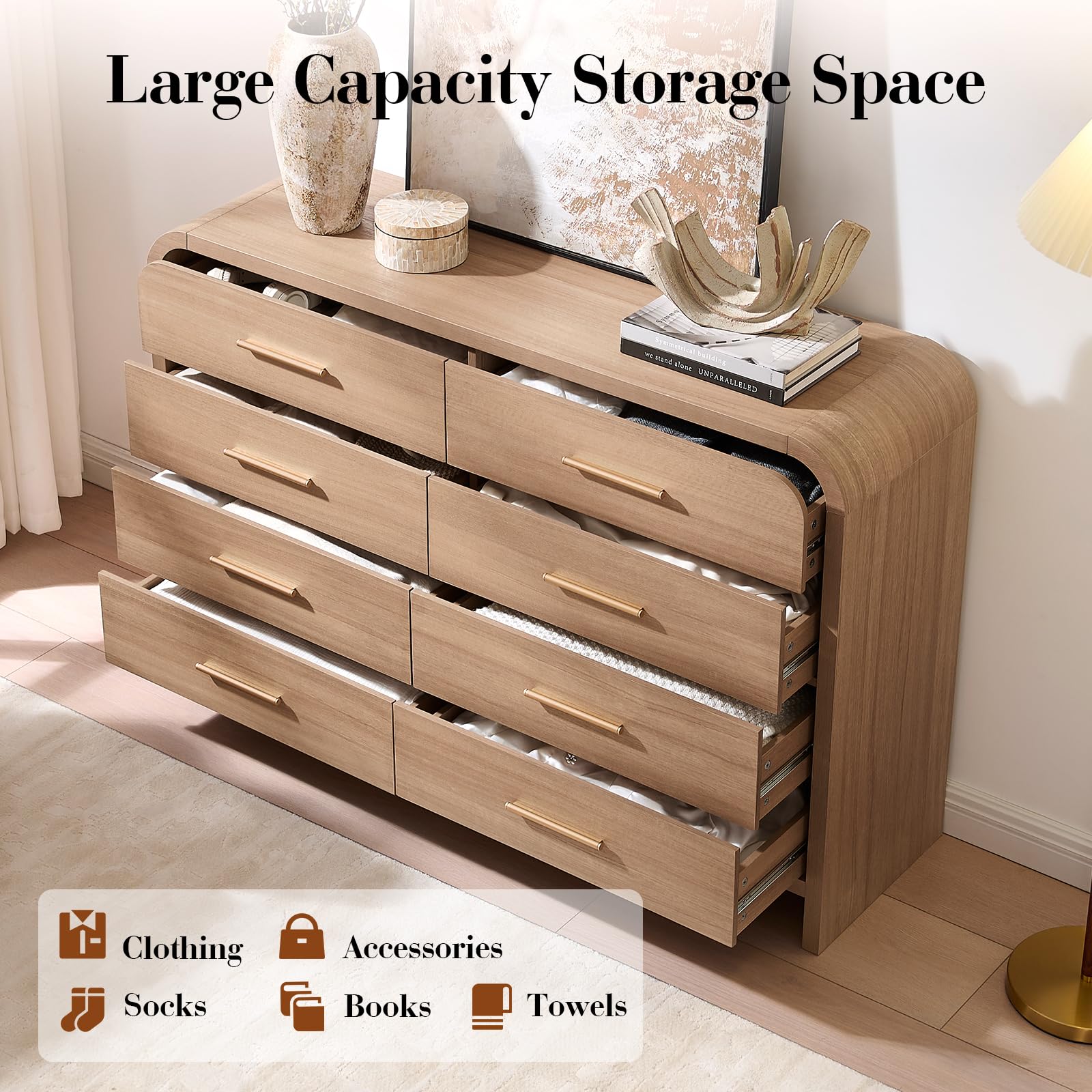 Vintagearth 8 Drawers Dresser for Bedroom, Curved FSC-certified Wood 1.18" Thick Board Dressers & Chests of Drawers for  Living Room, Hallway, Entryway, Oak