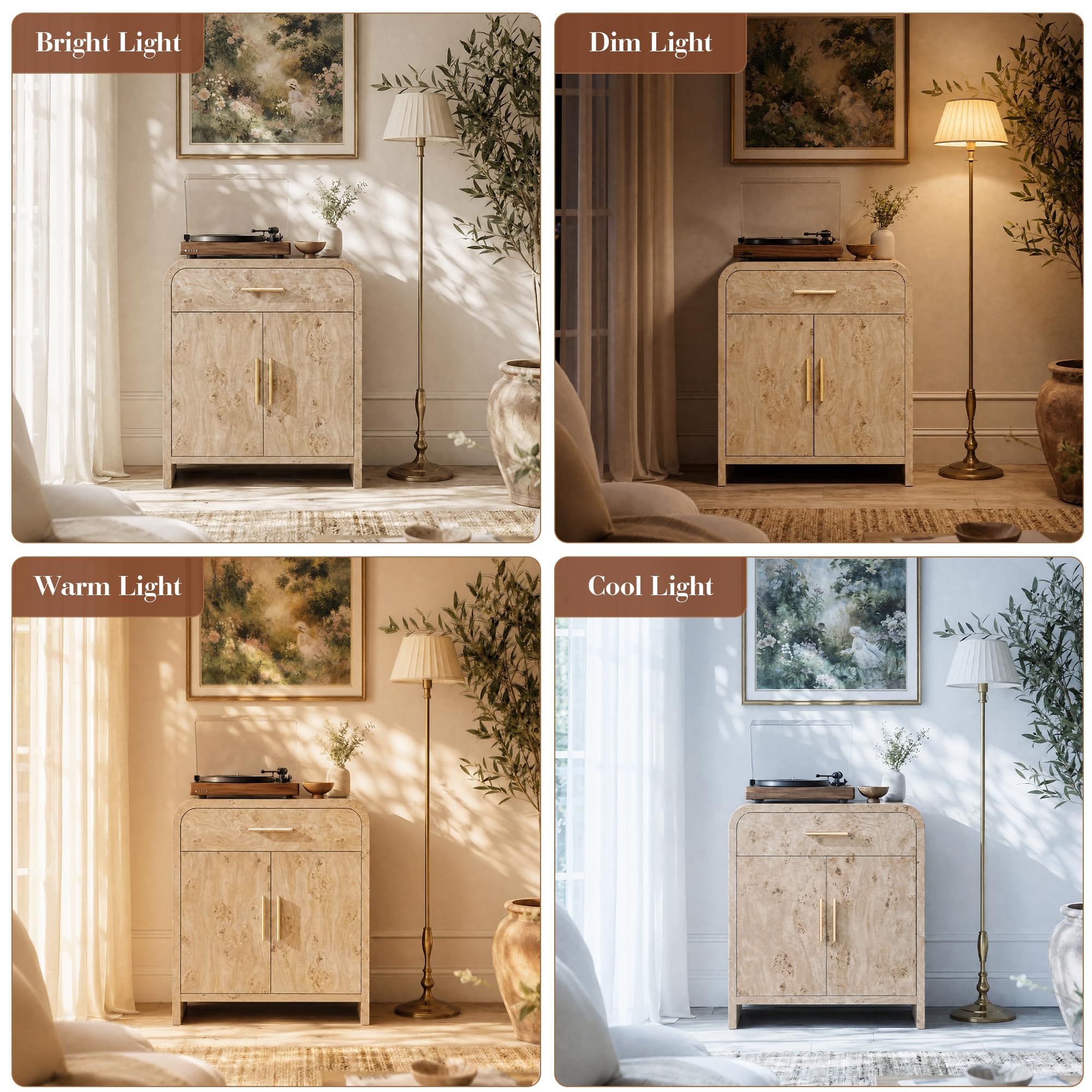 Vintagearth 31.3" Sideboard Buffet Cabinet with Storage, 1.18" Thick FSC-Certified Wood Curved Storage Cabinet with 2 Doors & 1 Drawer, Adjustable Shelf for Kitchen, Dining Room, Living Room, Entryway, Light Burl, 1 pc
