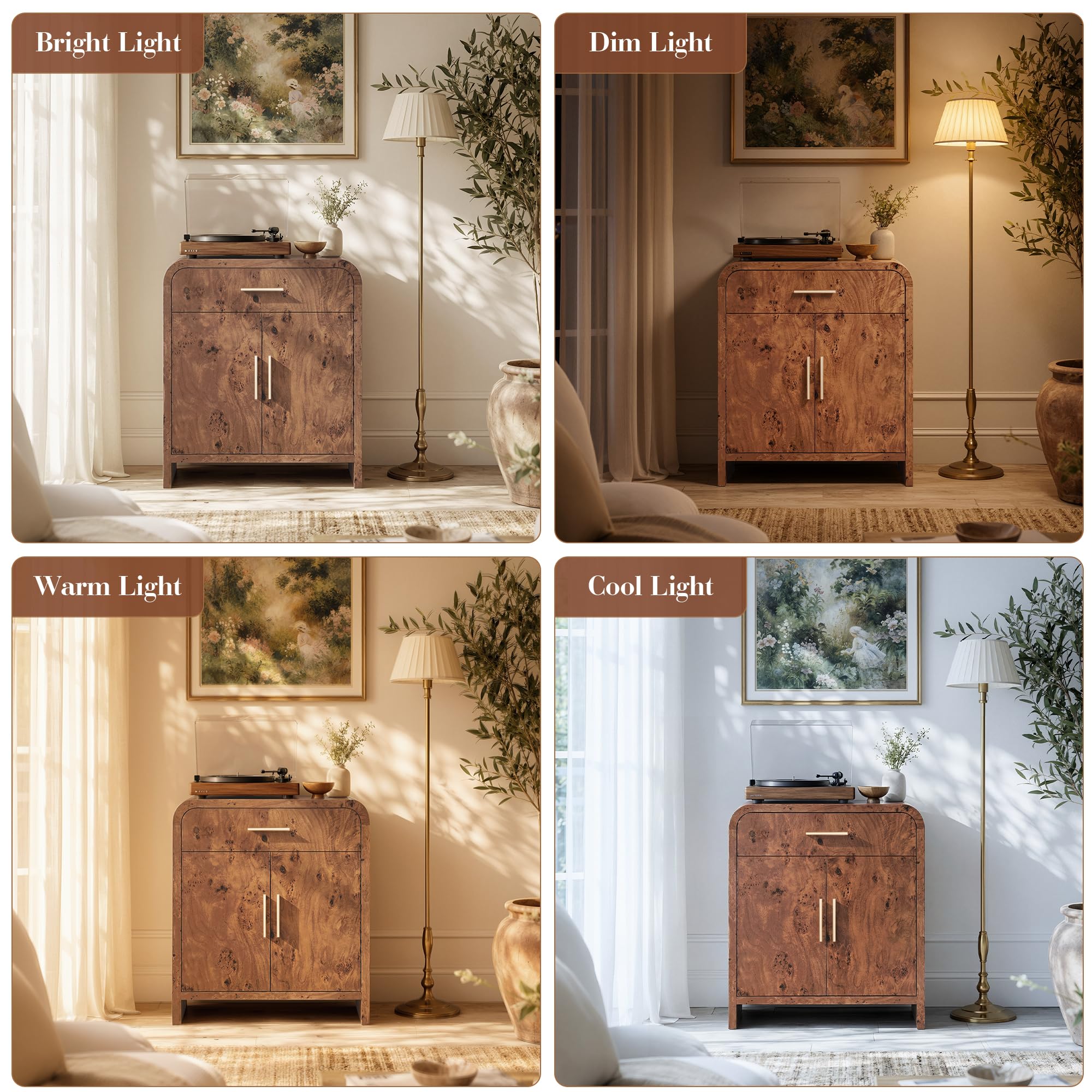 Vintagearth 31.3" Sideboard Buffet Cabinet with Storage, 1.18" Thick FSC-Certified Wood Curved Storage Cabinet with 2 Doors & 1 Drawer, Adjustable Shelf for Kitchen, Dining Room, Living Room, Entryway, Dark Burl, 2 pc