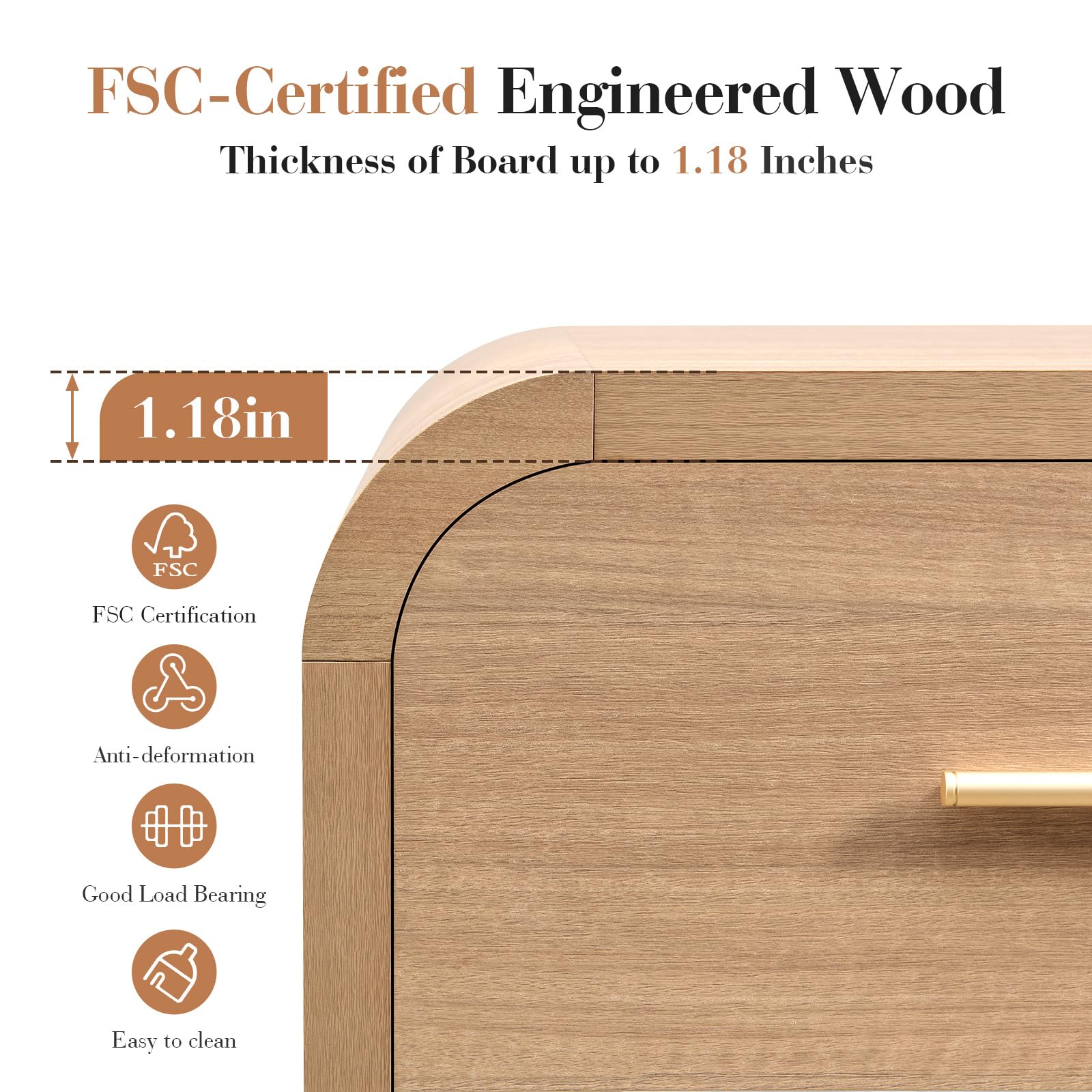 Vintagearth Mesita de Noche de 61 cm de Alto, Moderna Mesa Auxiliar Curva de Madera Certificada FSC, 1 Cajón y 1 Estante Abierto, Burl Claro