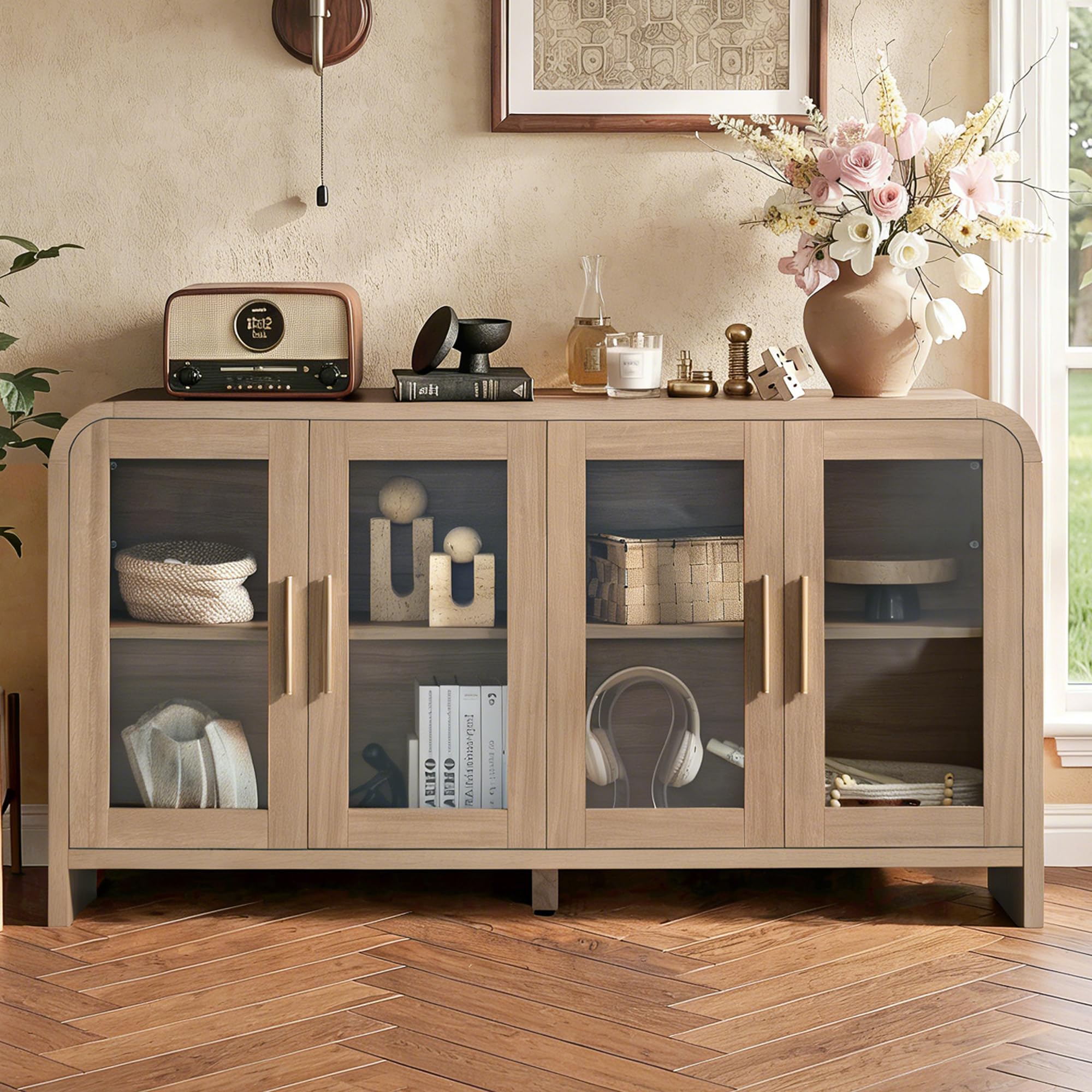 Vintagearth 60" Sideboard Buffet Cabinet with 4 Tempered Glass Doors, Adjustable Shelves, FSC-Certified Wood Storage Cabinet for Dining Room, Living Room, Entryway, Oak
