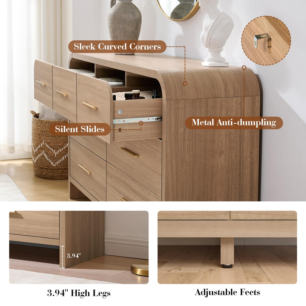 Vintagearth 7 Drawers Dresser for Bedroom, Curved FSC-certified Wood 1.18" Thick Board Dressers & Chests of Drawers for  Living Room, Hallway, Entryway, Oak