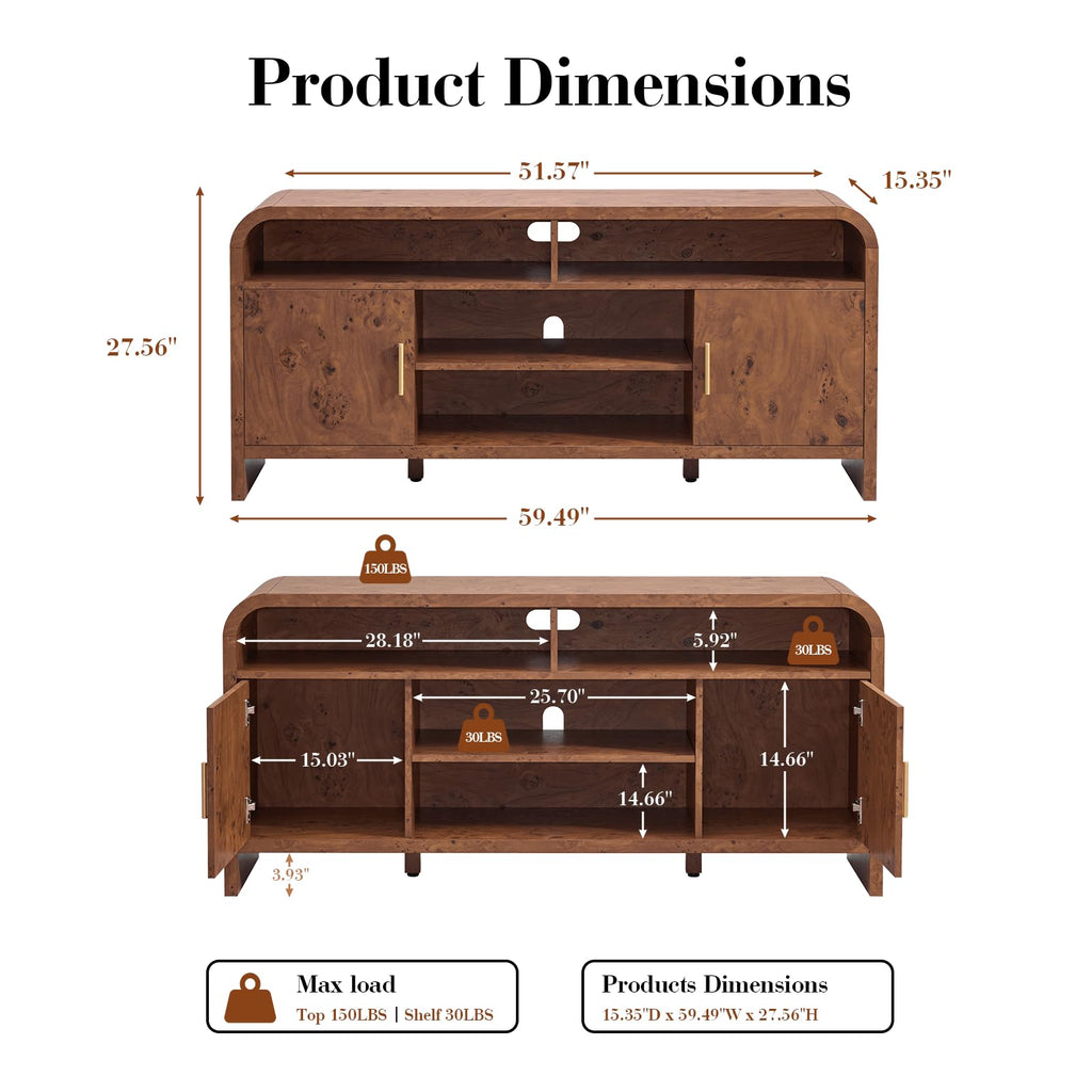 Vintagearth TV Stand with FSC-Certified 1.22" Thick Board, Storage Cabinets & Open Shelves, Curved Edge Entertainment Center for TVs up to 65", Dark Burl