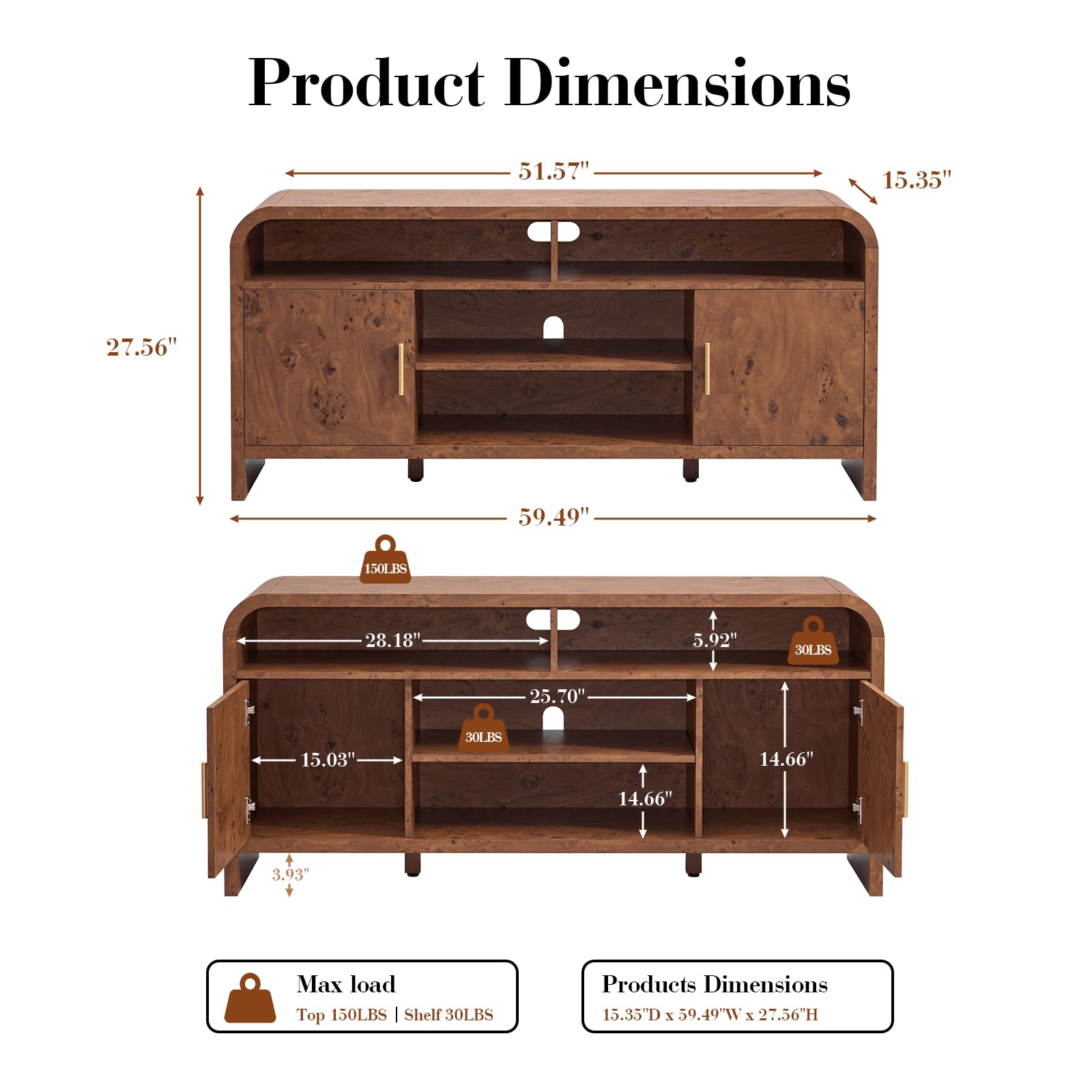 Vintagearth TV Stand with FSC-Certified 1.22" Thick Board, Storage Cabinets & Open Shelves, Curved Edge Entertainment Center for TVs up to 65", Dark Burl