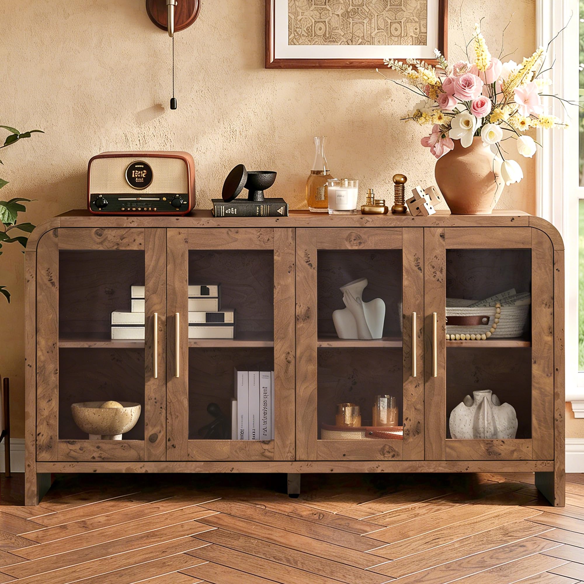 Vintagearth 60" Sideboard Buffet Cabinet with 4 Tempered Glass Doors, Adjustable Shelves, FSC-Certified Wood Storage Cabinet for Dining Room, Living Room, Entryway, Dark Burl