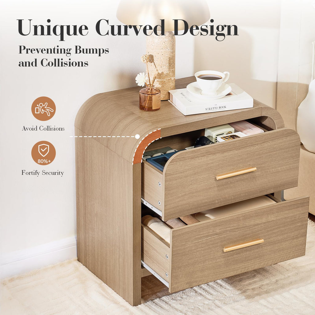 Vintagearth Nightstand 24" Tall Modern Curved Bedside Table, FSC-Certified Wood End Table, 2 Drawer Storage, Oak
