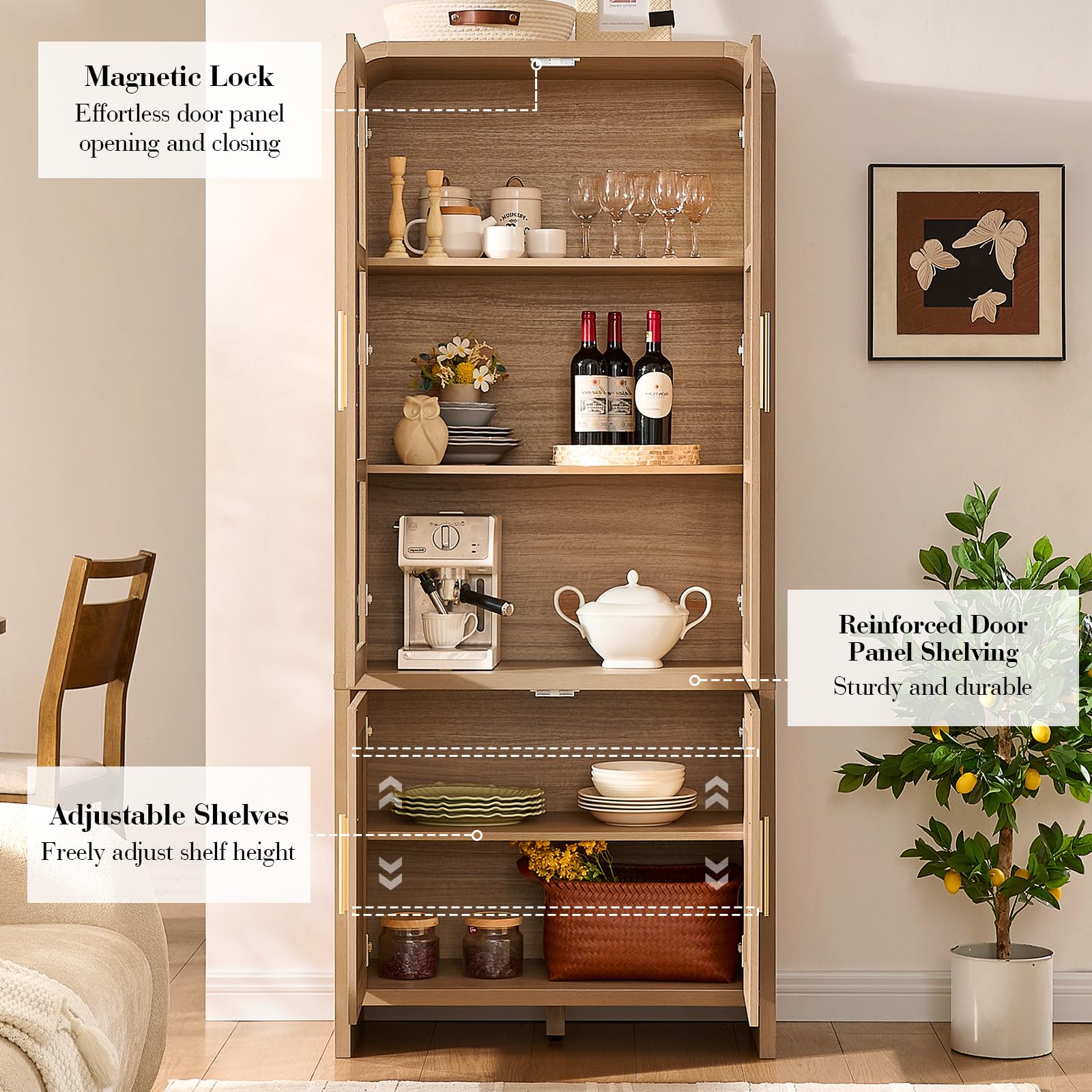Vintagearth  77" Tall Kitchen Pantry Cabinet, 1.18'' Thick Panel Curved Storage Cupboard with Adjustable Shelf, Freestanding Organizer for Kitchen, Dining Room, Oak