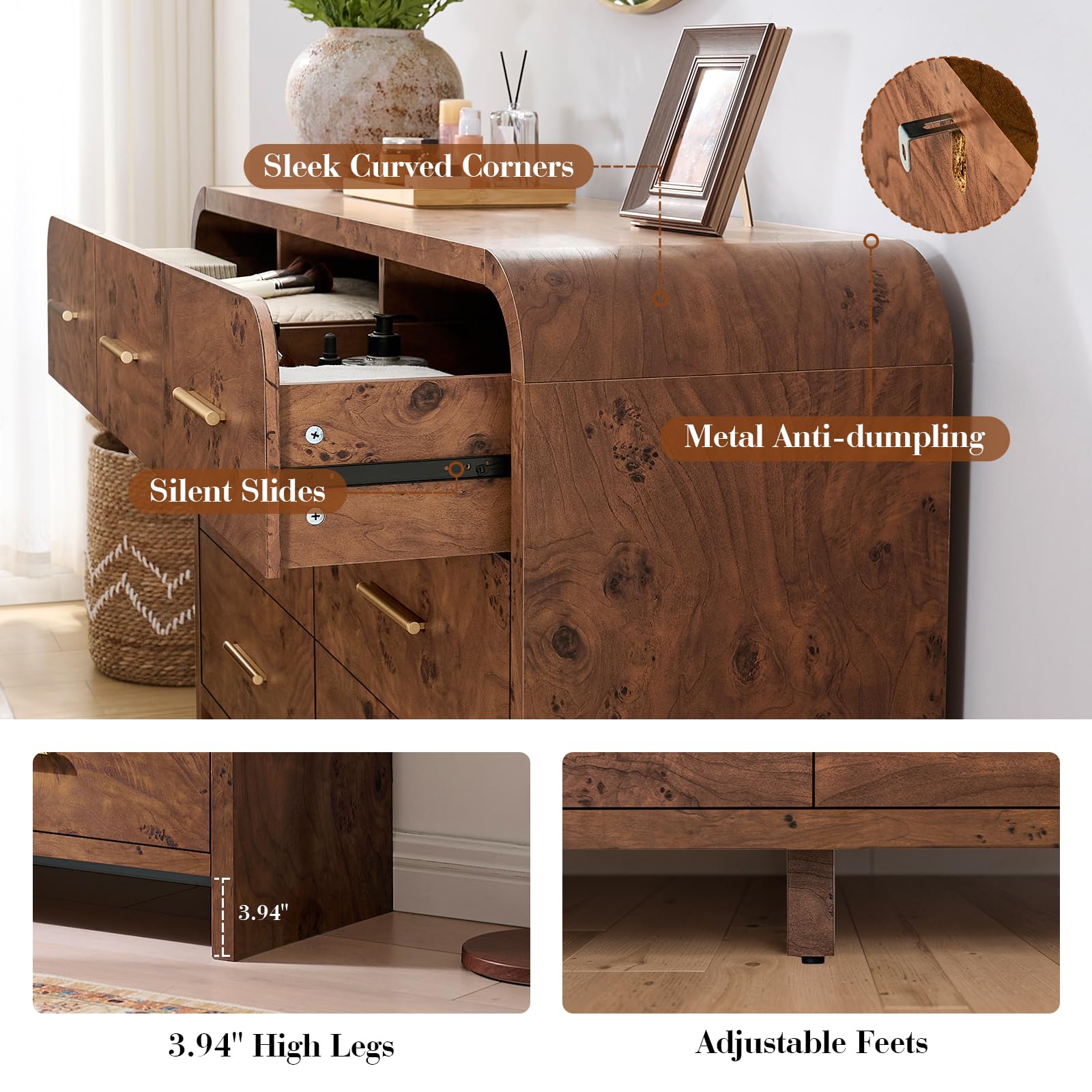 Vintagearth 7 Drawer Dresser for Bedroom, Modern & Wooden Chest of Drawers, Large Storage Organizer with Thickened 1.22" FCS Certified Board, Anti-Tip Device, Smooth Silent Slides, Dark Burl